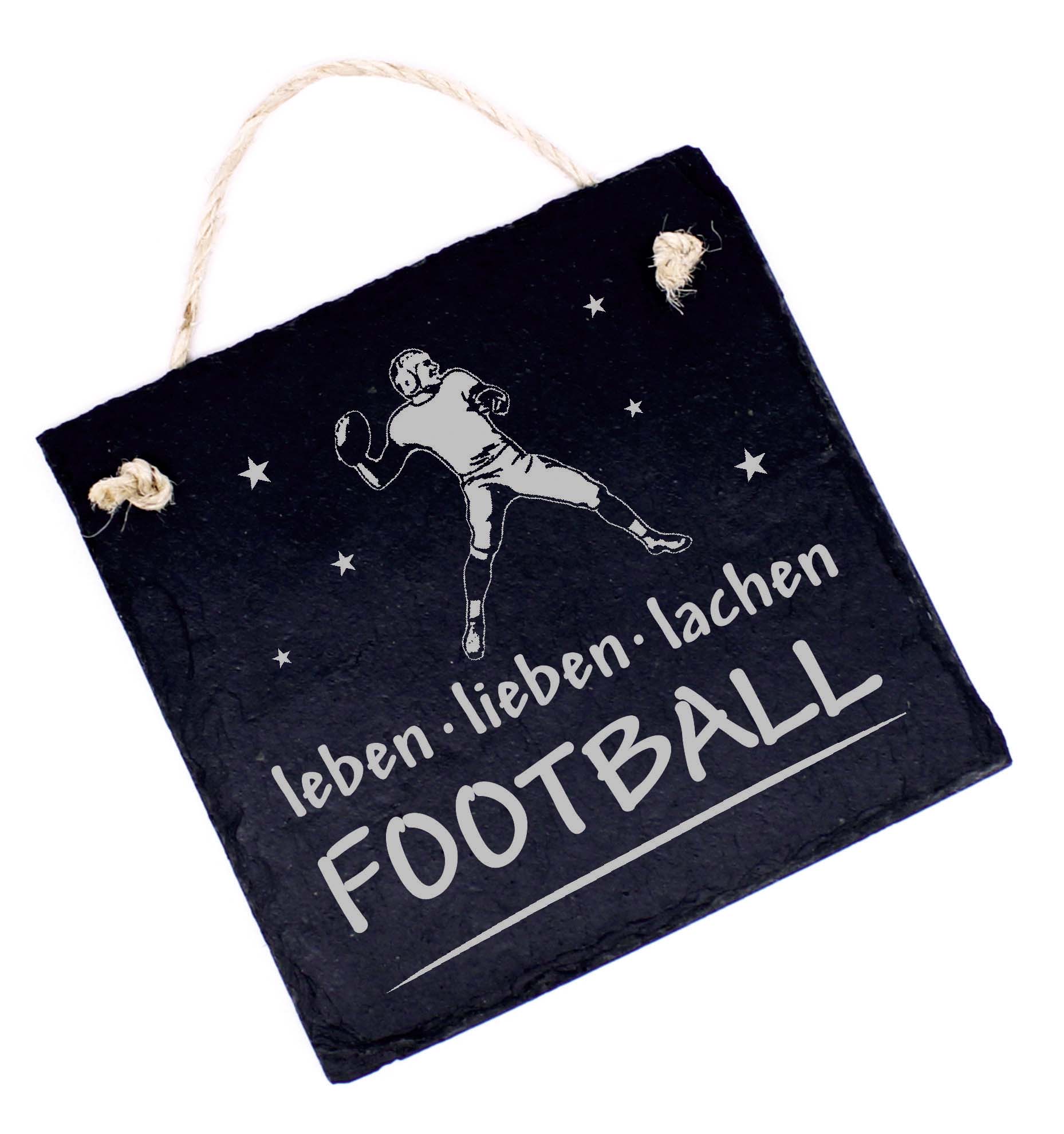 Football Schild Schiefer Türschild Gravur - Leben Lieben Lachen - Dekoschild Footballdeko 11 x 11 cm