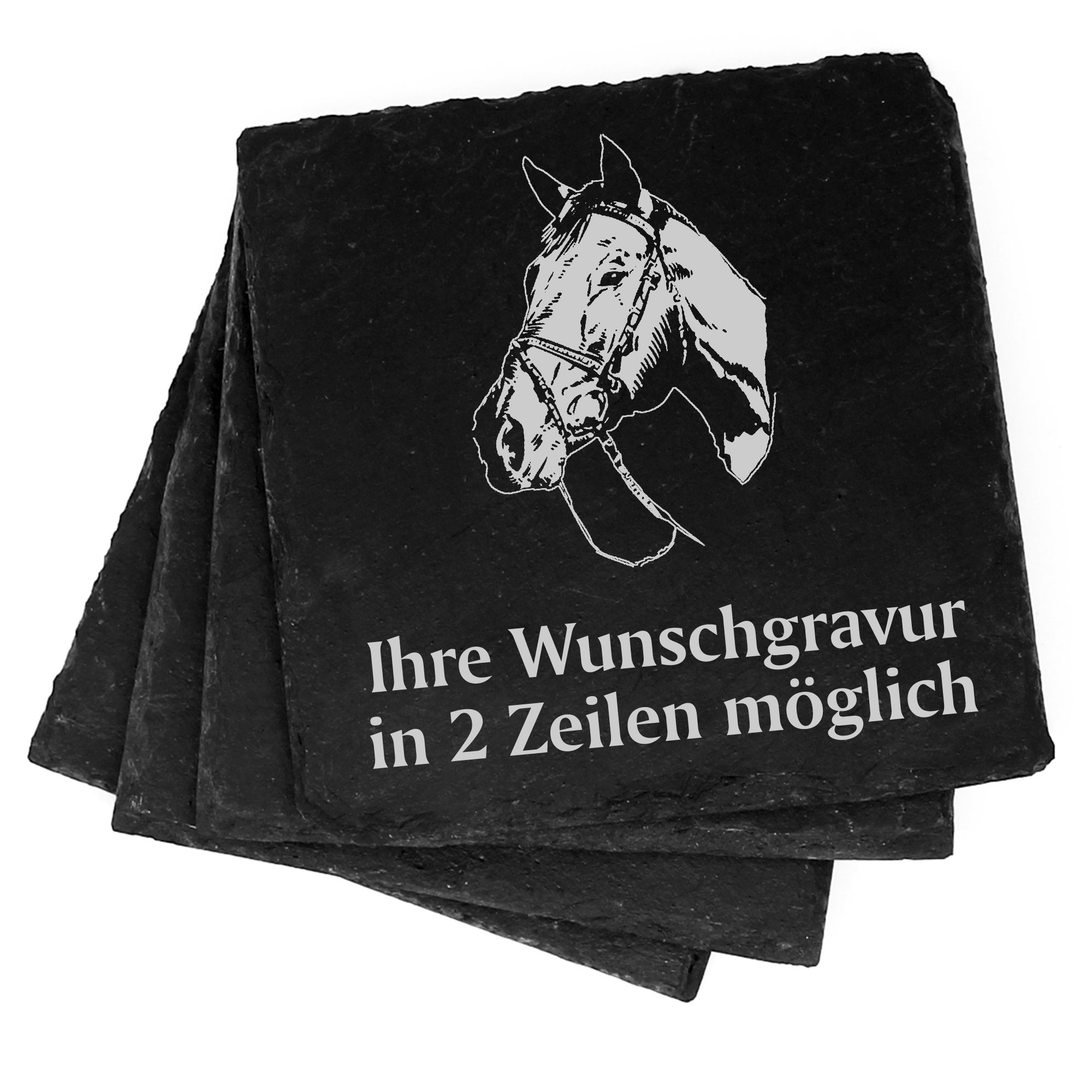 4x American Quarter Horse Kopf Deko Schiefer Untersetzer Wunschgravur Set - 11 x 11 cm