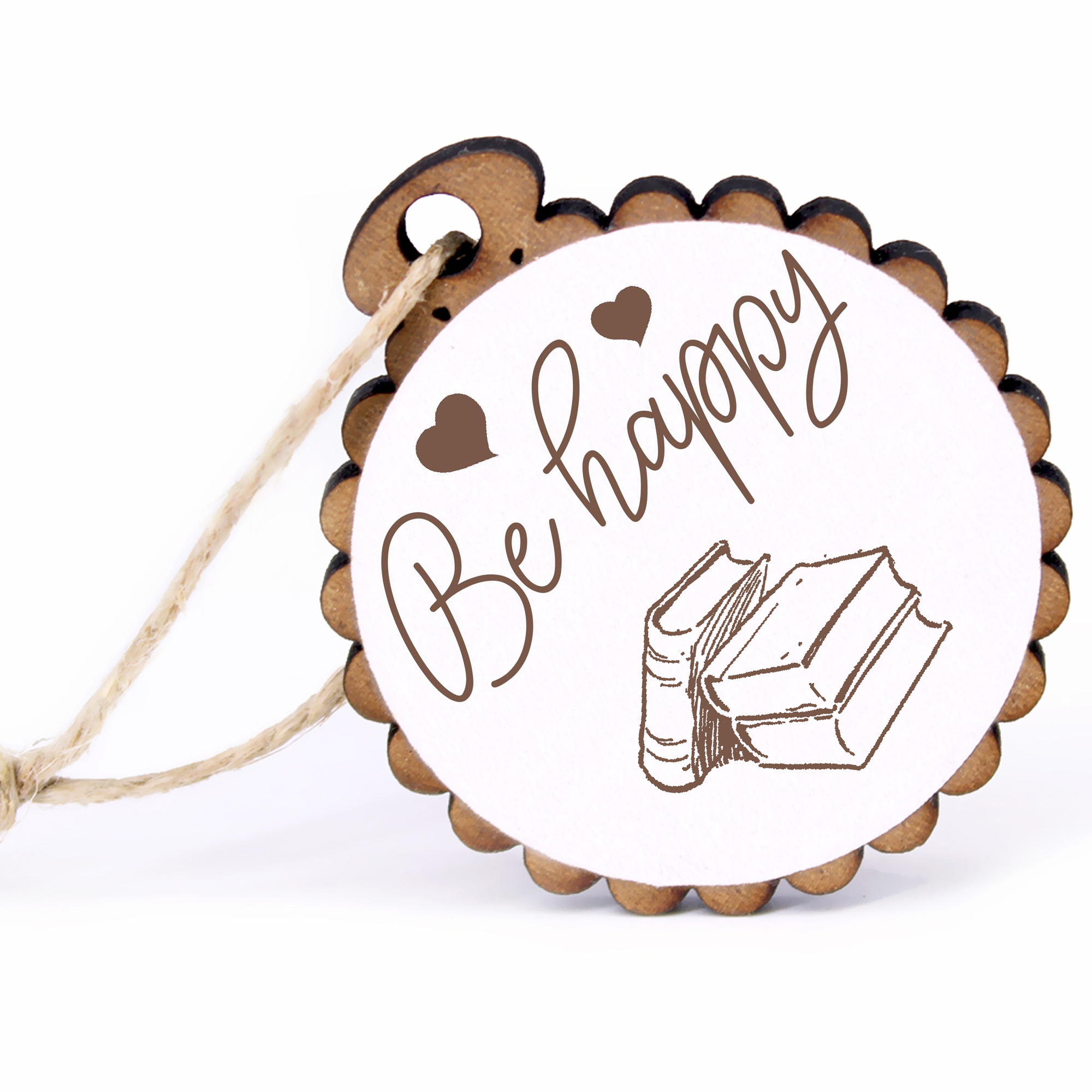 Geschenkanhänger - Be Happy Bücher -  Holz Ø-5cm - mit Juteband