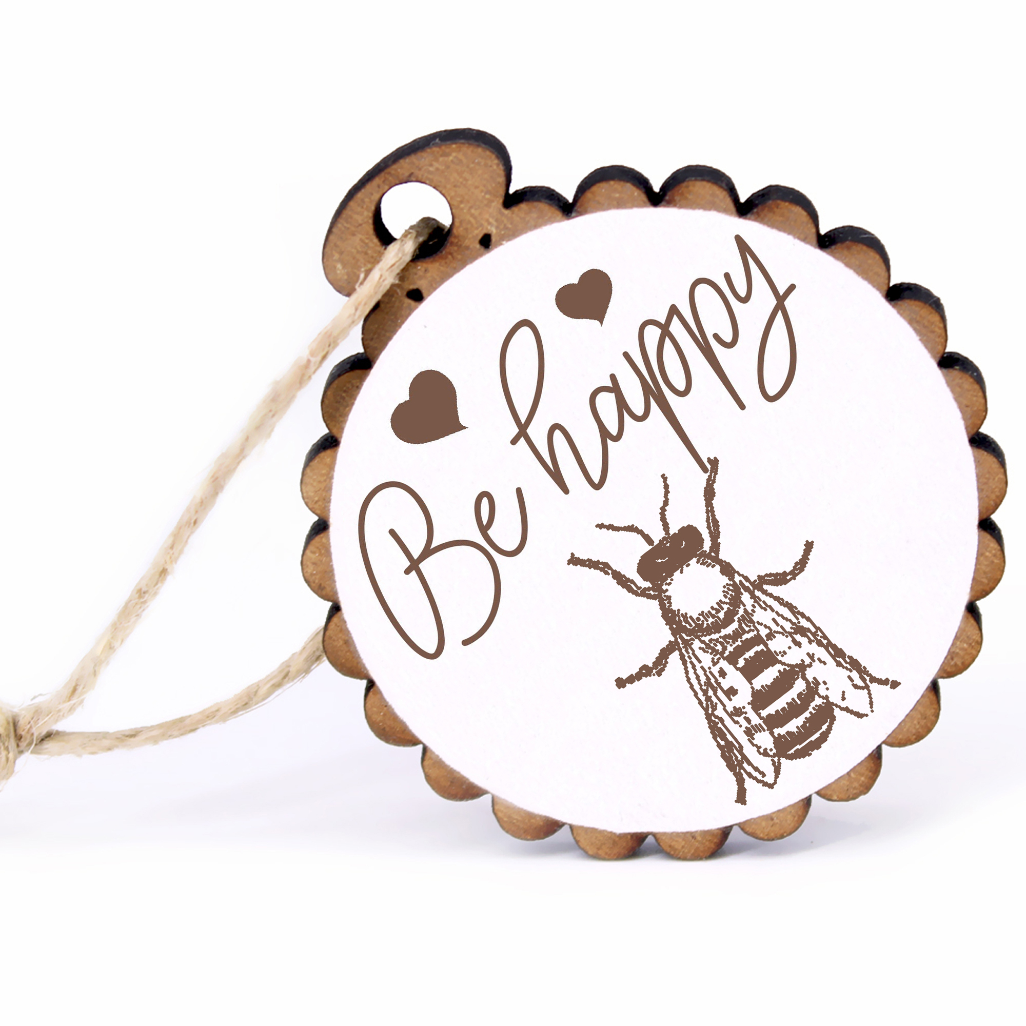 Geschenkanhänger - Be Happy Biene -  Holz Ø-5cm - mit Juteband