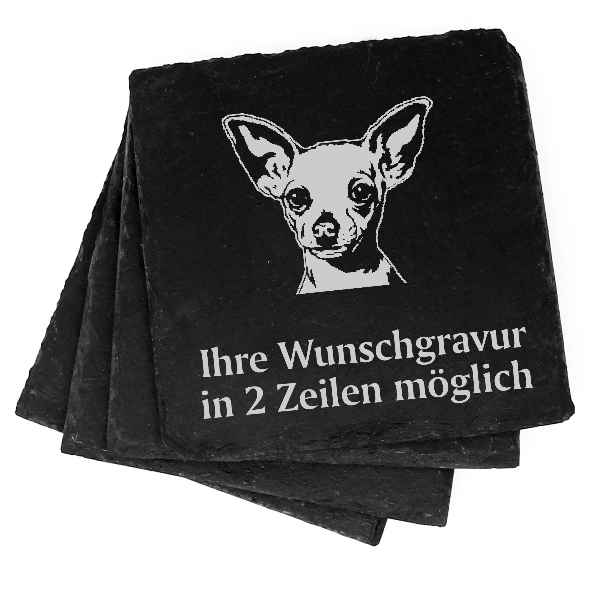 4x Chihuahua Kopf Deko Schiefer Untersetzer Wunschgravur Set - 11 x 11 cm