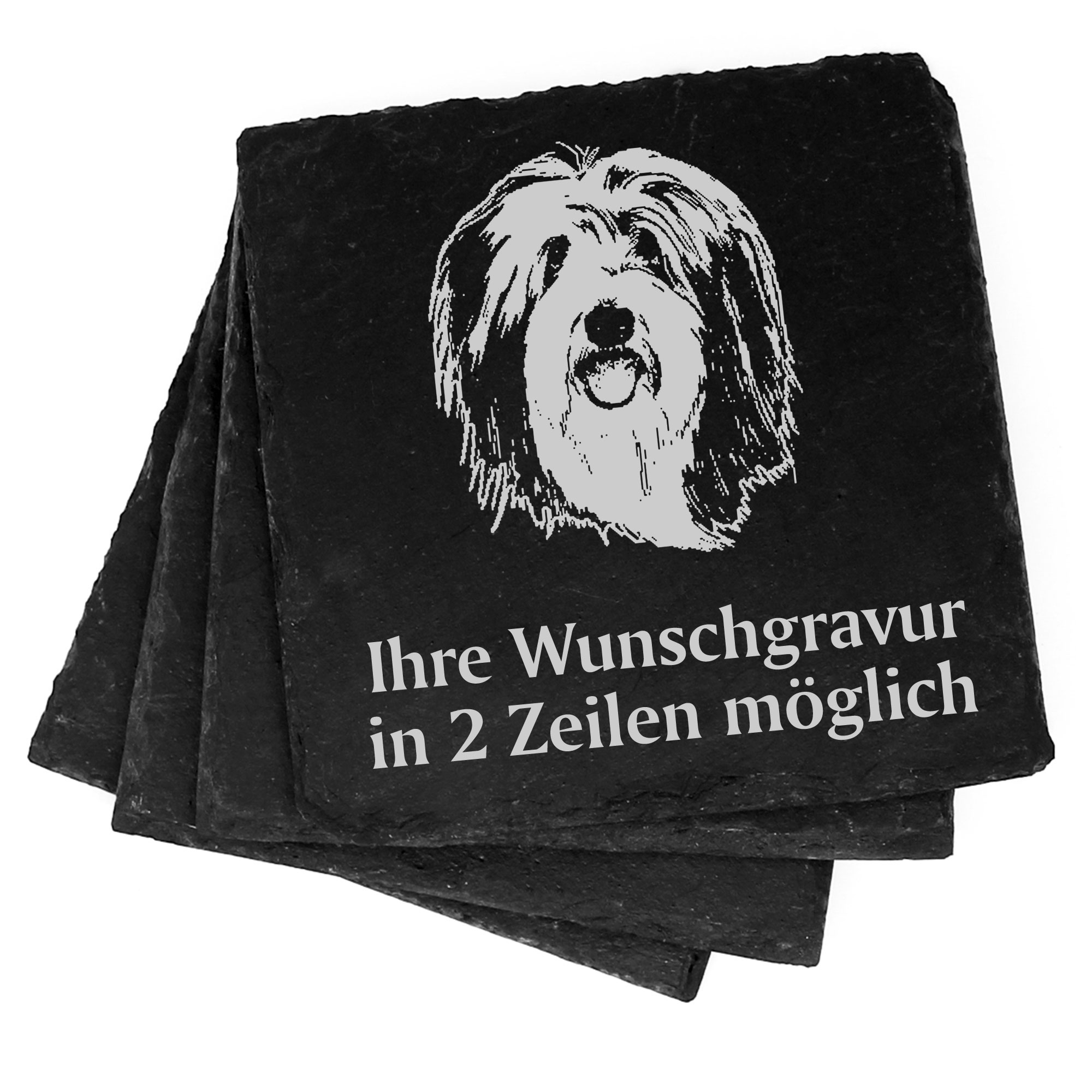 4x Bearded Collie Deko Schiefer Untersetzer Wunschgravur Set - 11 x 11 cm