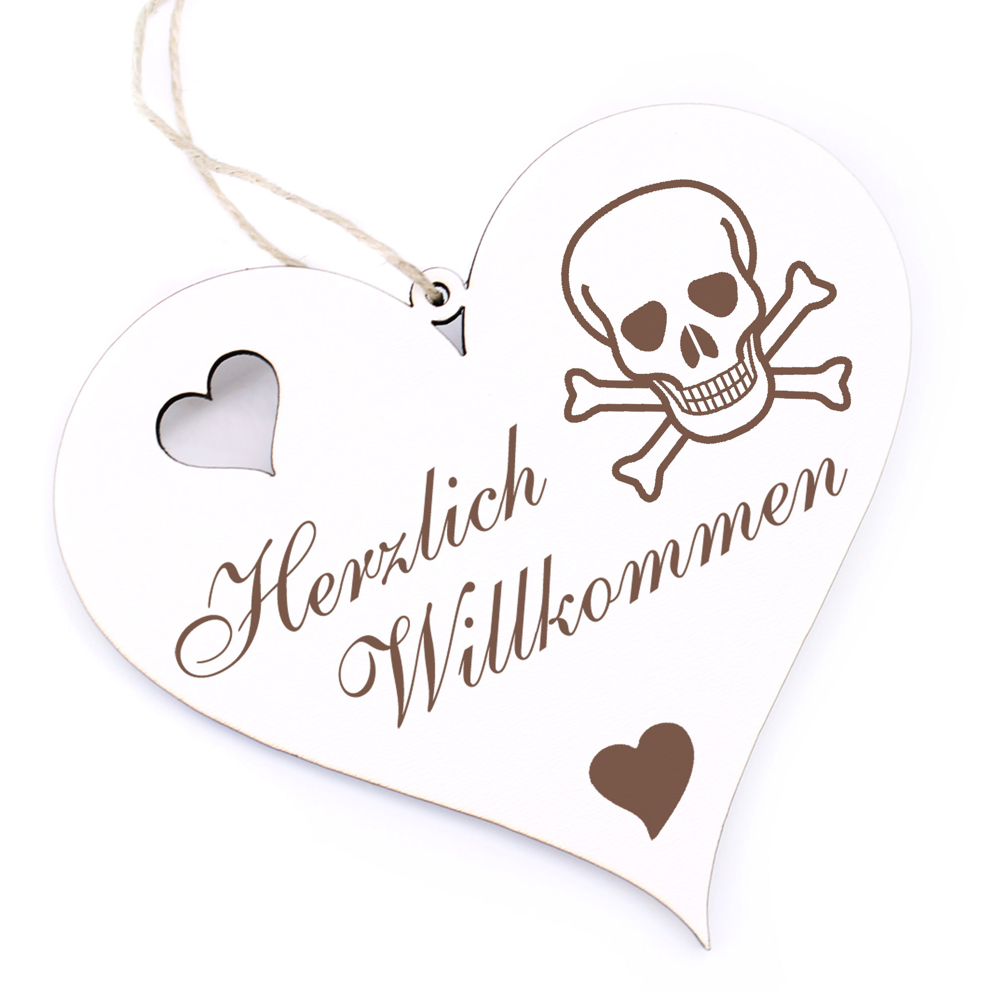 Herzlich Willkommen Schild - Skull and Crossbones - Deko Herz Holz