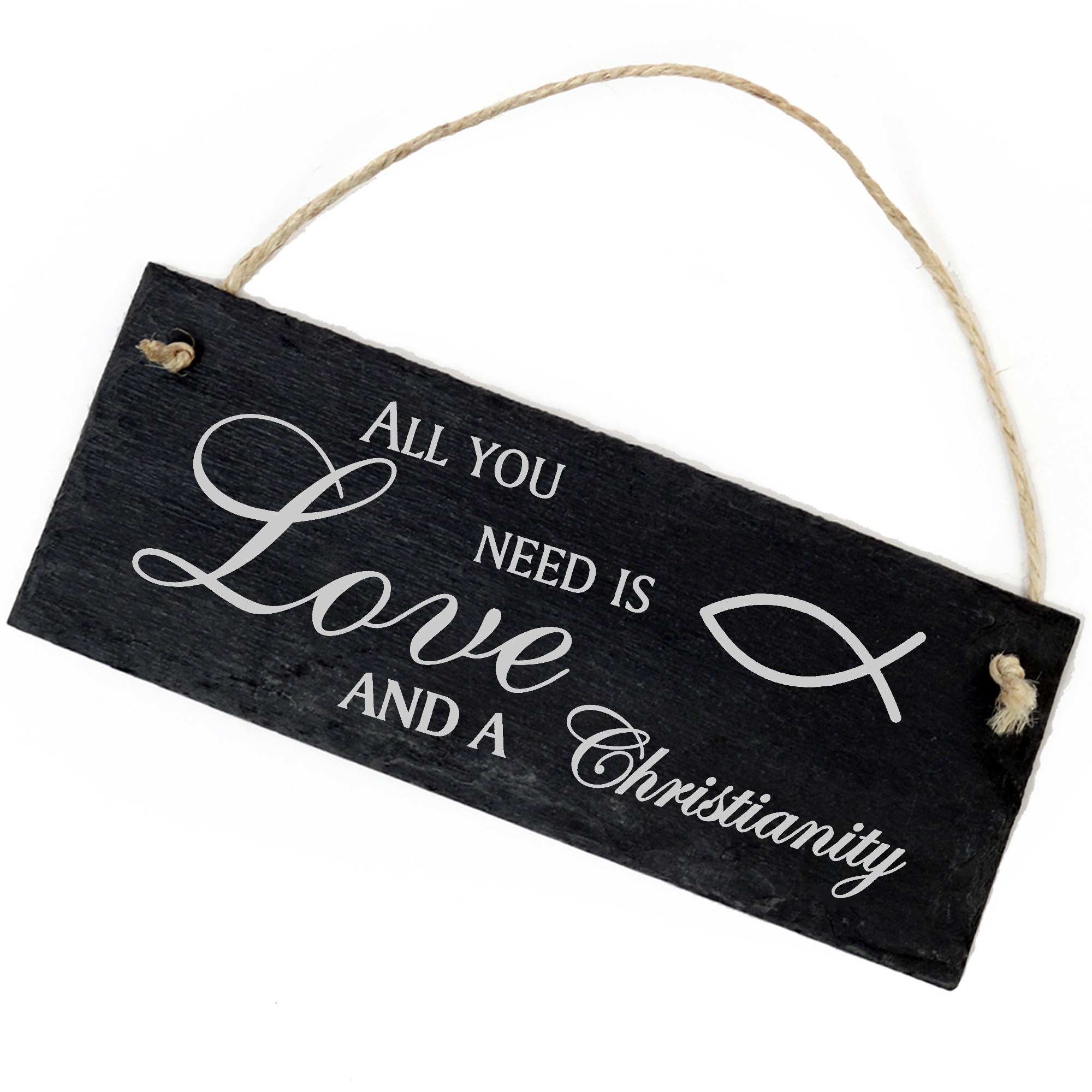 Schiefertafel Deko Christenfisch Schild 22 x 8 cm - All you need is Love and a Christianity