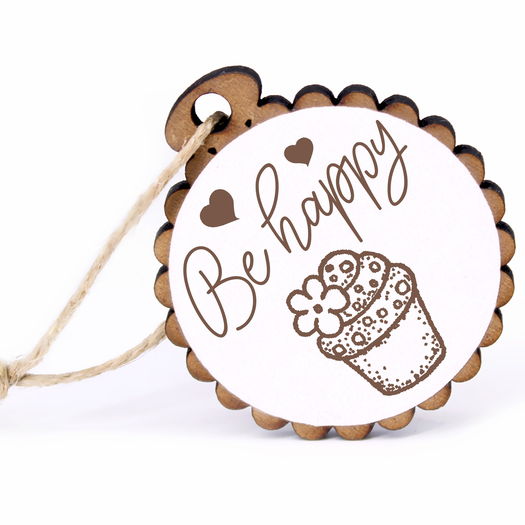 Geschenkanhänger - Be Happy Cupcake -  Holz Ø-5cm - mit Juteband