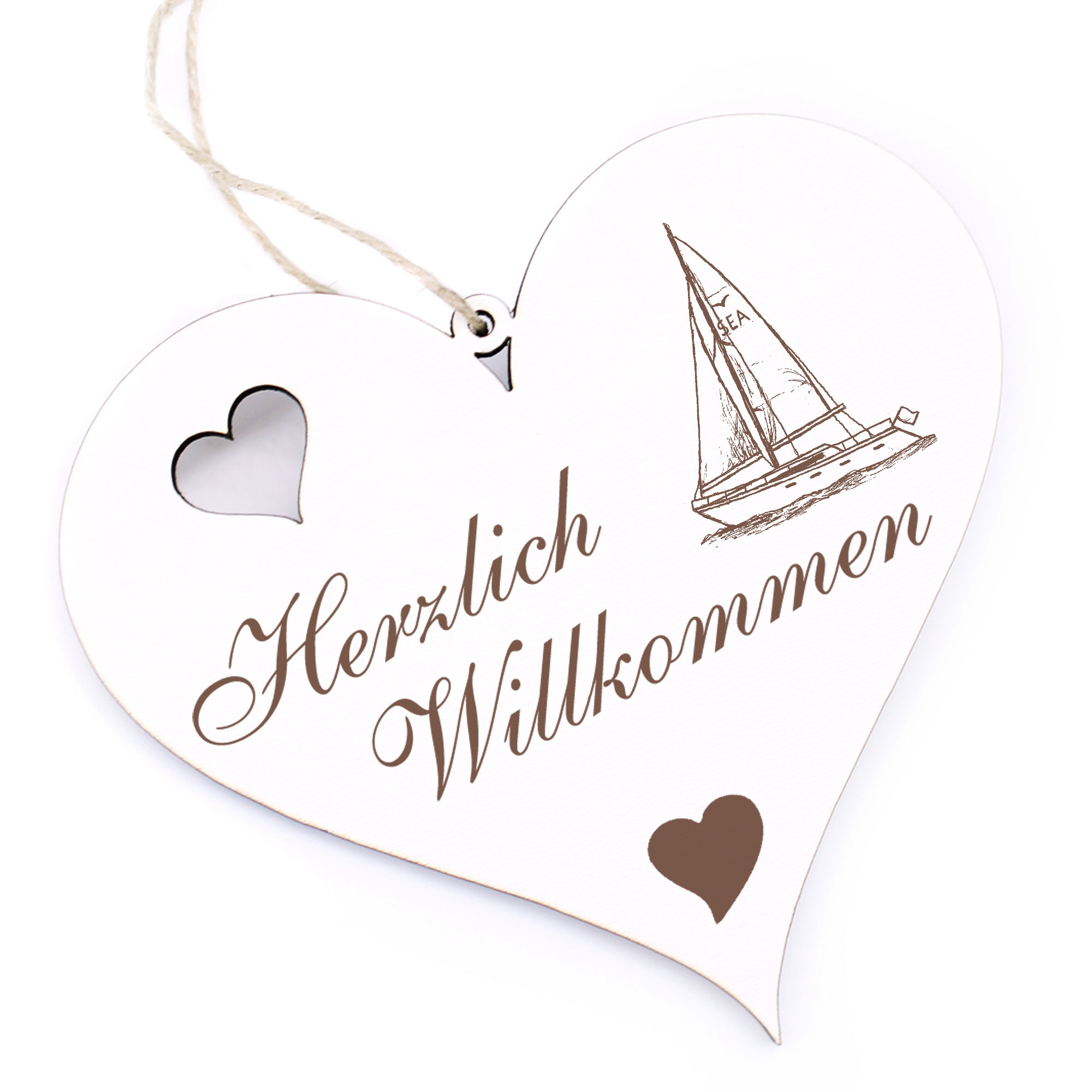 Herzlich Willkommen Schild - Segelboot - Deko Herz Holz