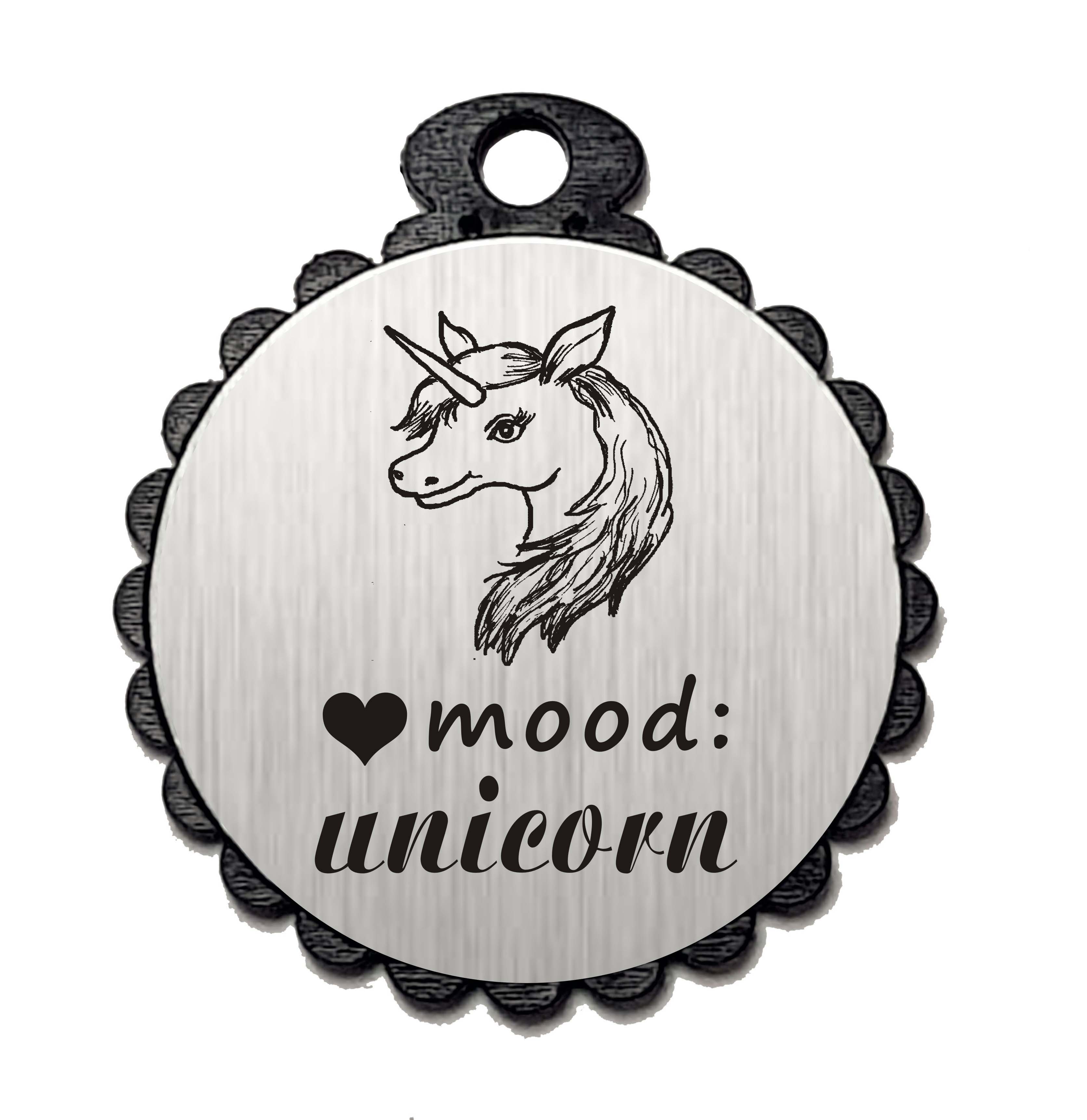 Runder Anhänger « MOOD: UNICORN 01 » mit Motiv Herz EINHORN Kopf - Aluminium Look - silber