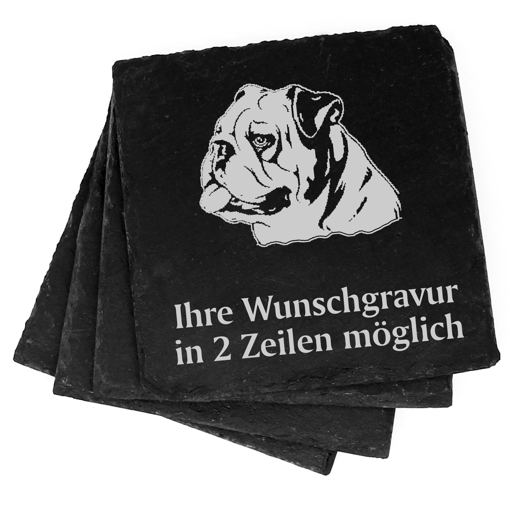 4x Englische Bulldoge Deko Schiefer Untersetzer Wunschgravur Set - 11 x 11 cm