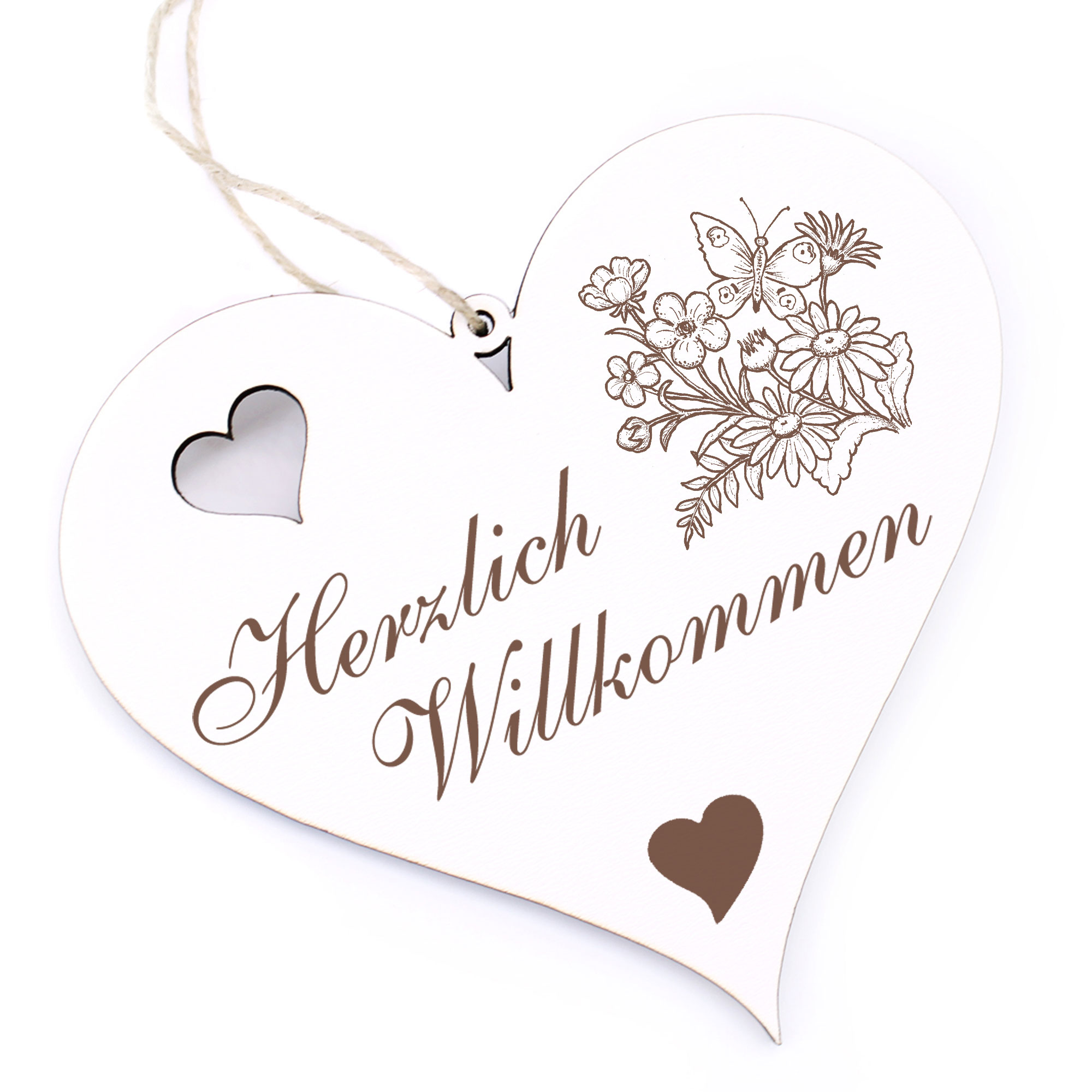 Herzlich Willkommen Schild - Blumen mit Schmetterlingen - Deko Herz Holz