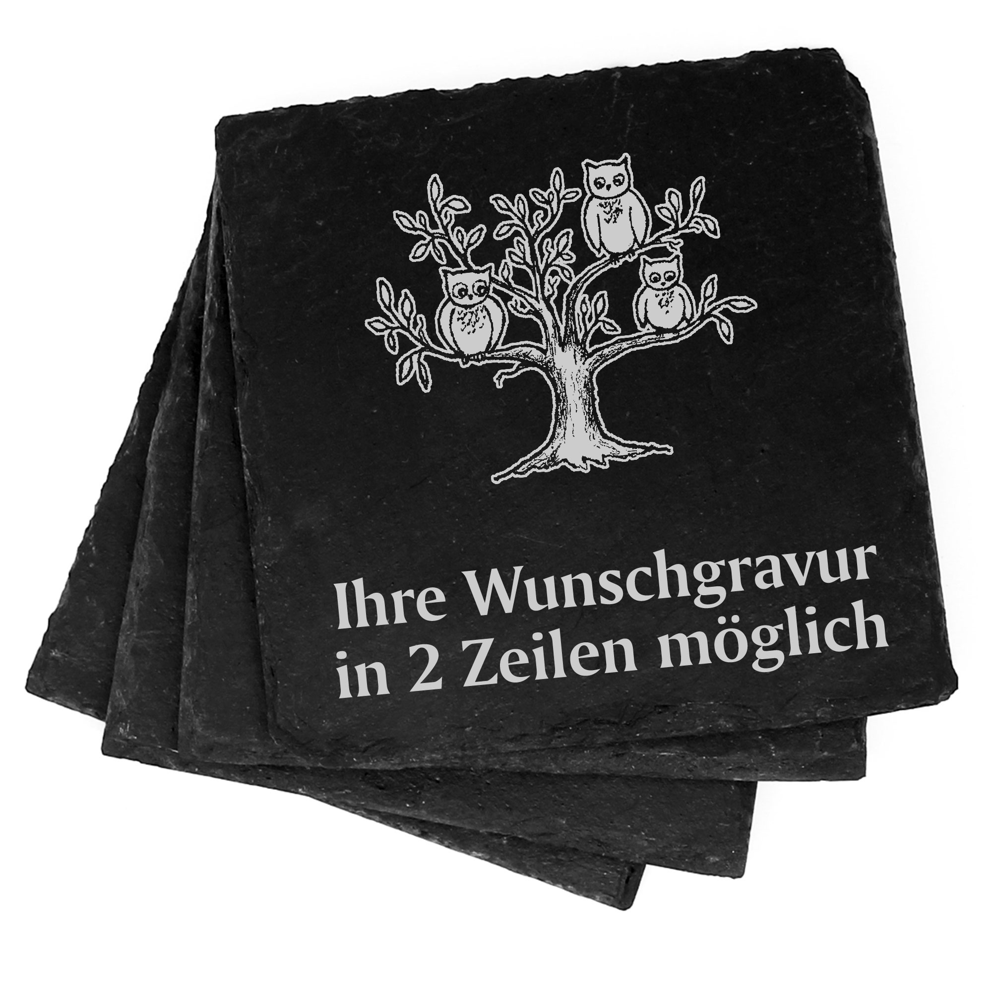 4x Baum mit Eulen Deko Schiefer Untersetzer Wunschgravur Set - 11 x 11 cm