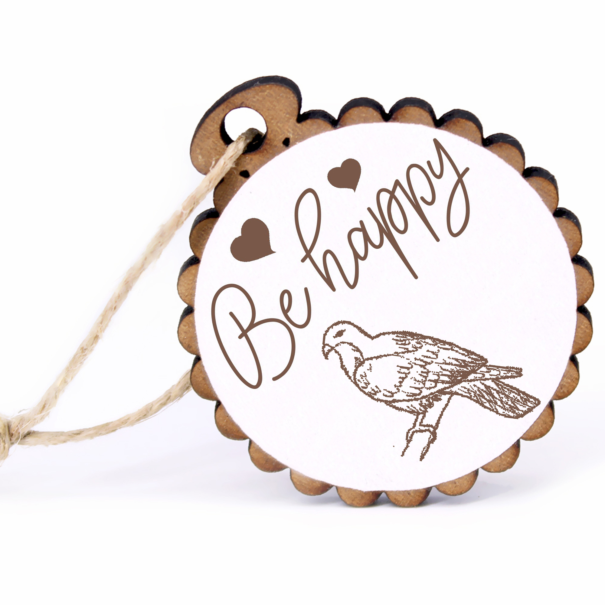 Geschenkanhänger - Be Happy Bussard Mäusebussard -  Holz Ø-5cm - mit Juteband