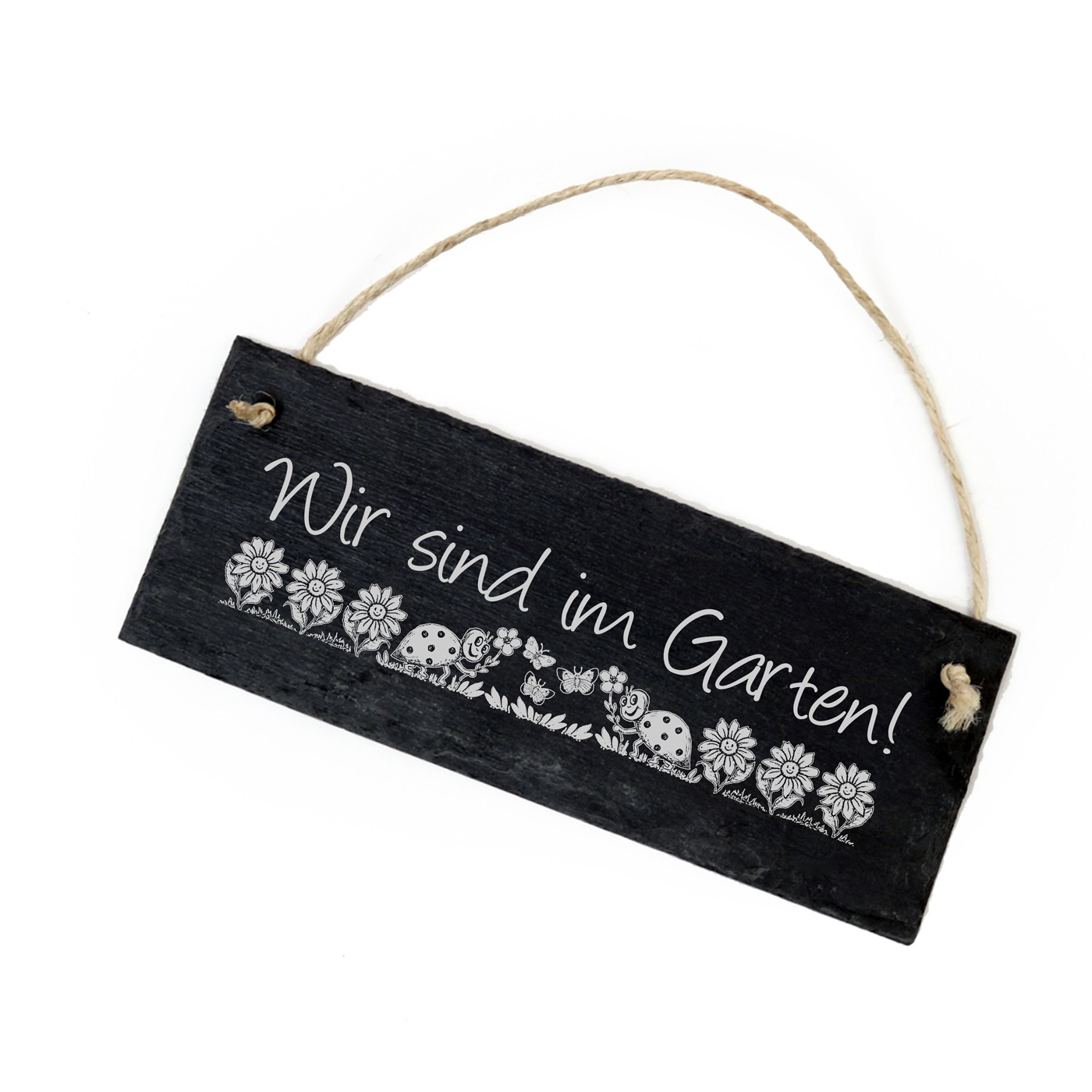 Schiefertafel « WIR SIND IM GARTEN » Schild Blumen Marienkäfer - 22x8