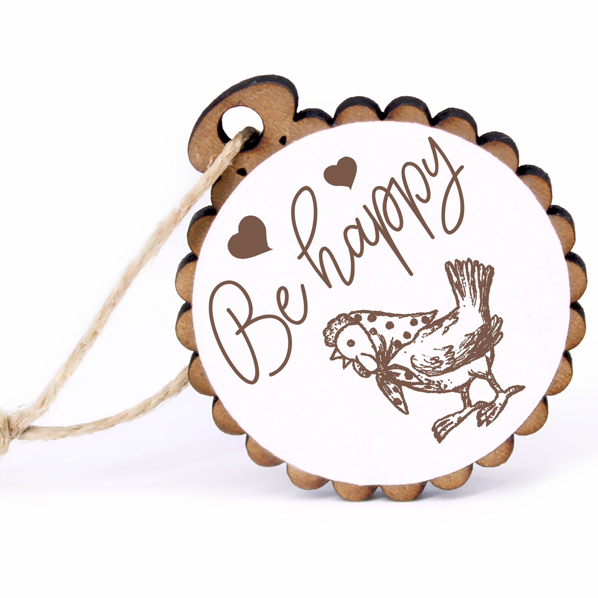 Geschenkanhänger - Be Happy Huhn mit Kopftuch -  Holz Ø-5cm - mit Juteband