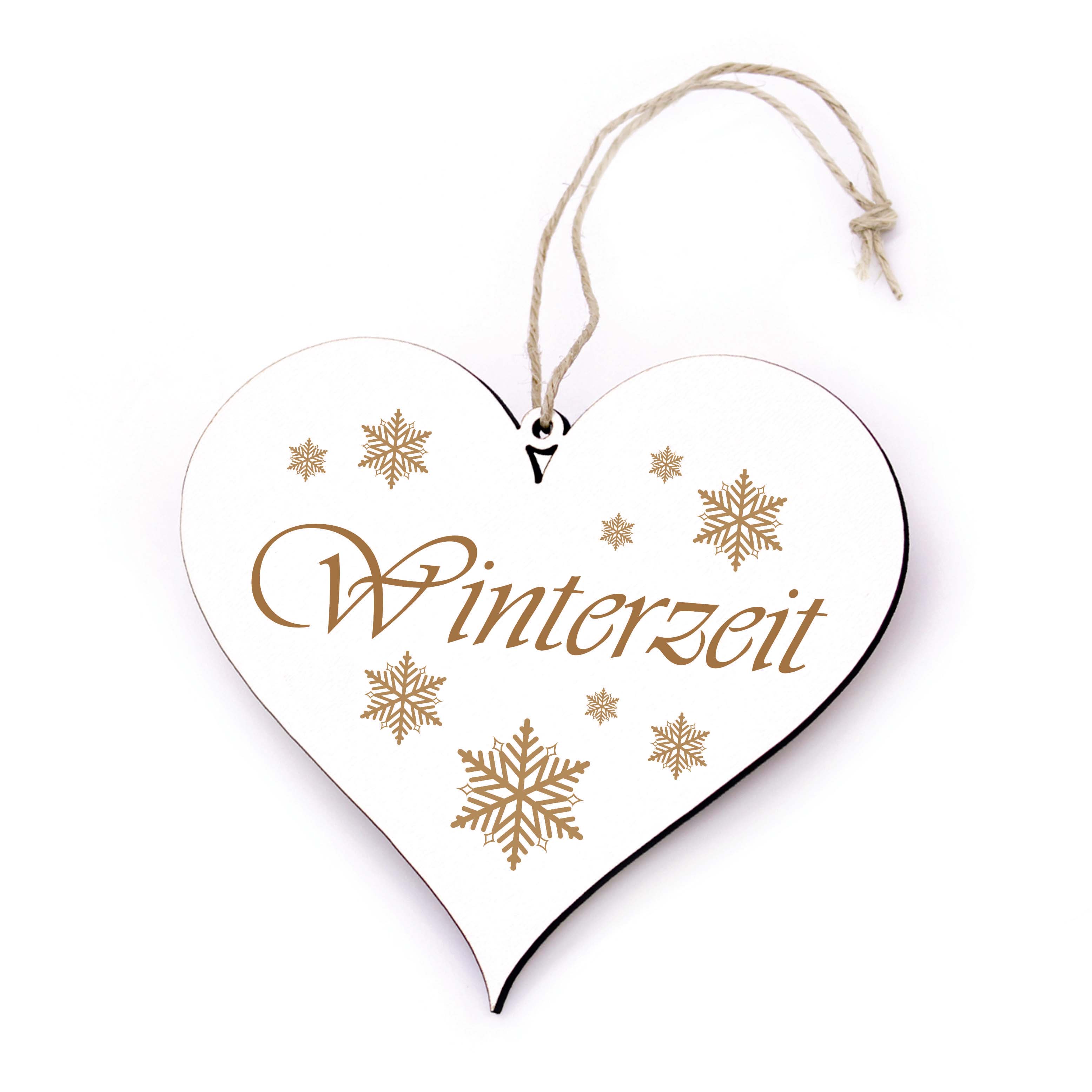 Winter Deko Schild Herz - Winterzeit - Holz Türschild Weihnachtsdeko Schneeflocken 13 x 12 cm