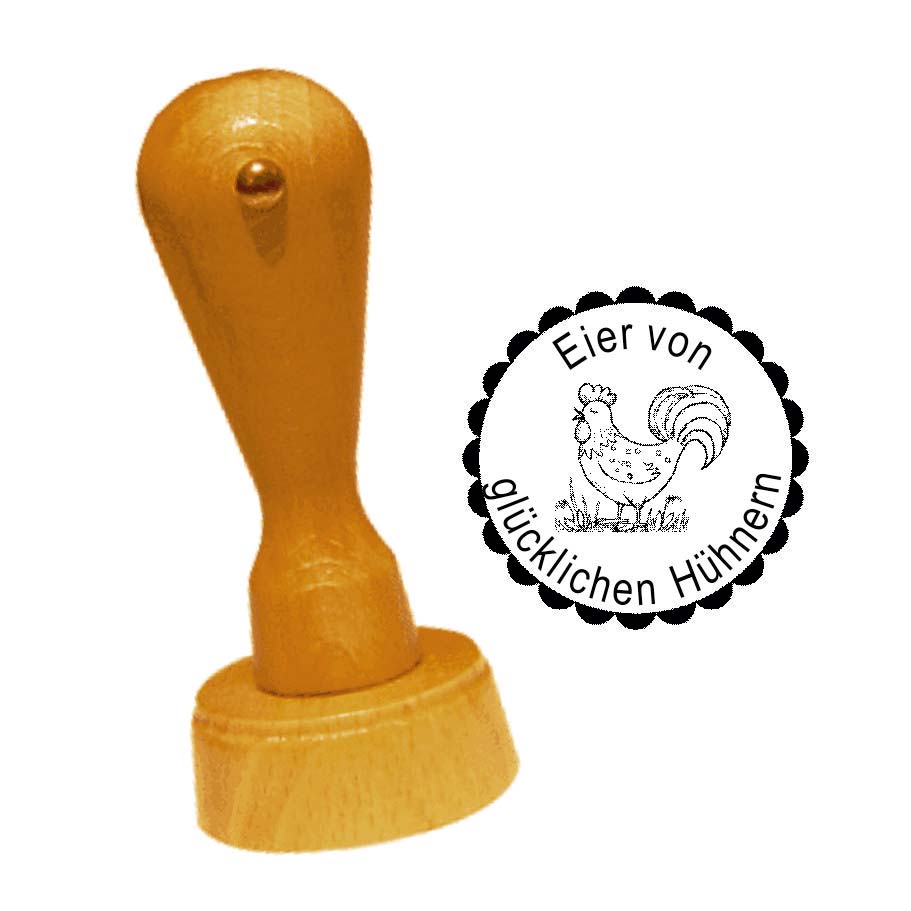 Stempel « EIER VON GLÜCKLICHEN HÜHNERN 07 » glücklicher Hahn • inkl. Personalisierung Ø 20 mm