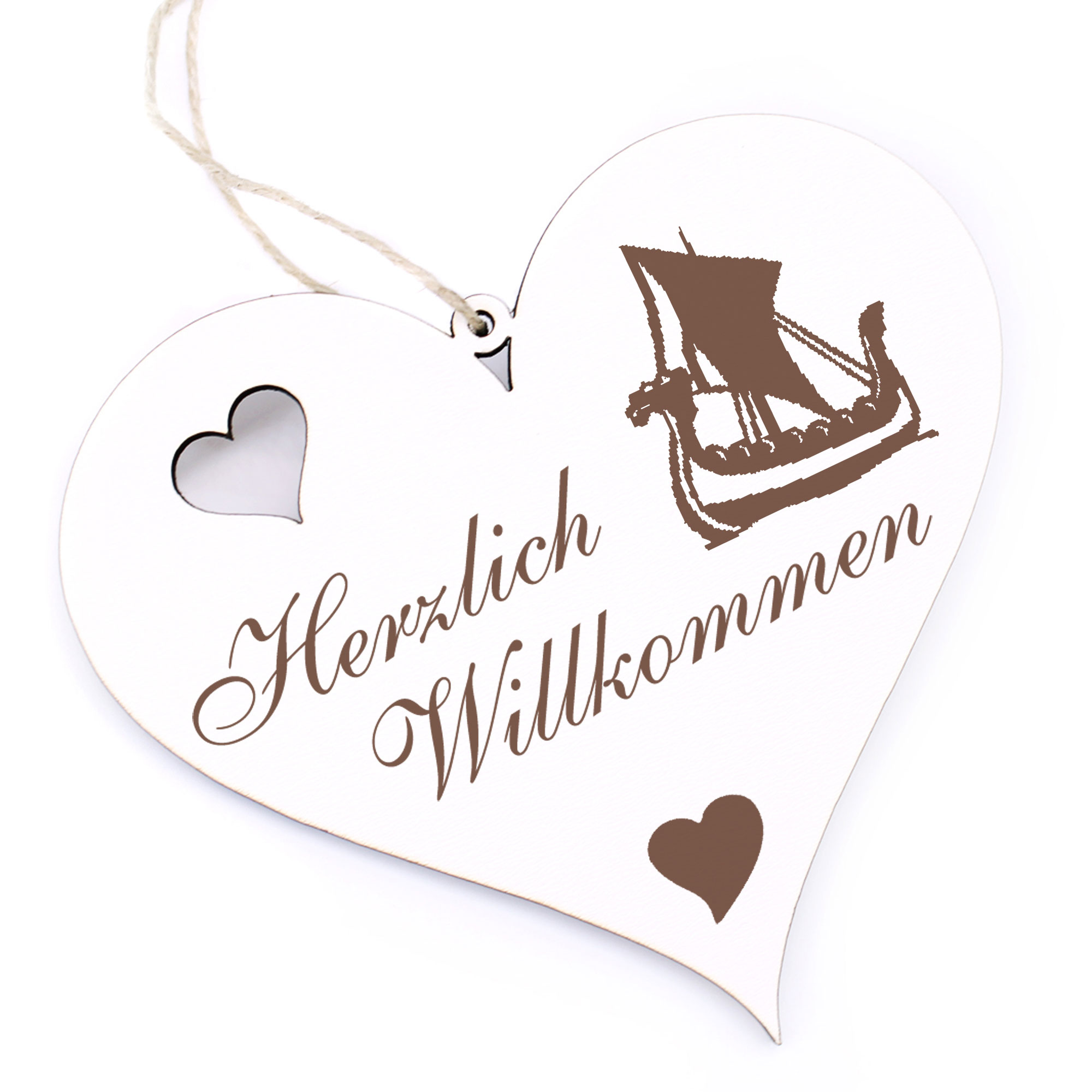 Herzlich Willkommen Schild - Wikingerschiff - Deko Herz Holz