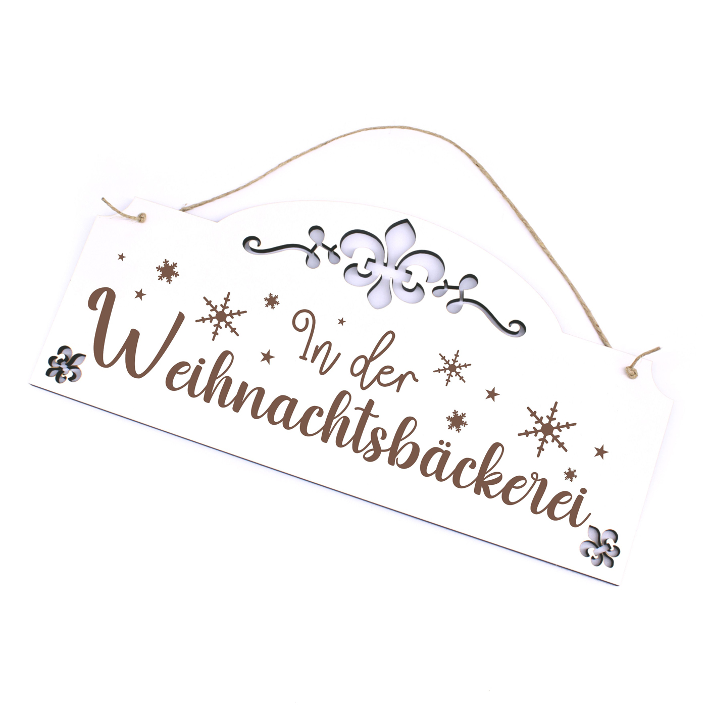 Schild In der Weihnachtsbäckerei - Schneeflocken Türschild mit Ornamenten 28x13 cm