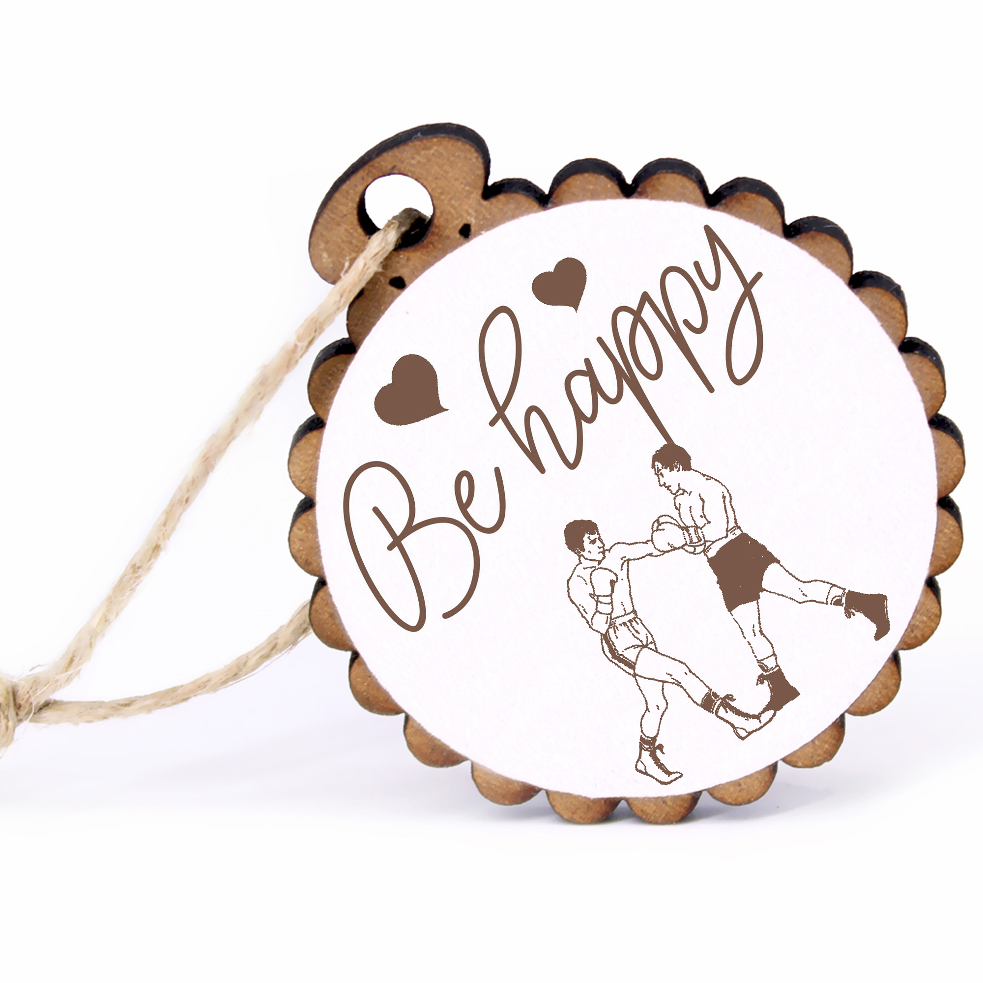 Geschenkanhänger - Be Happy Boxen -  Holz Ø-5cm - mit Juteband