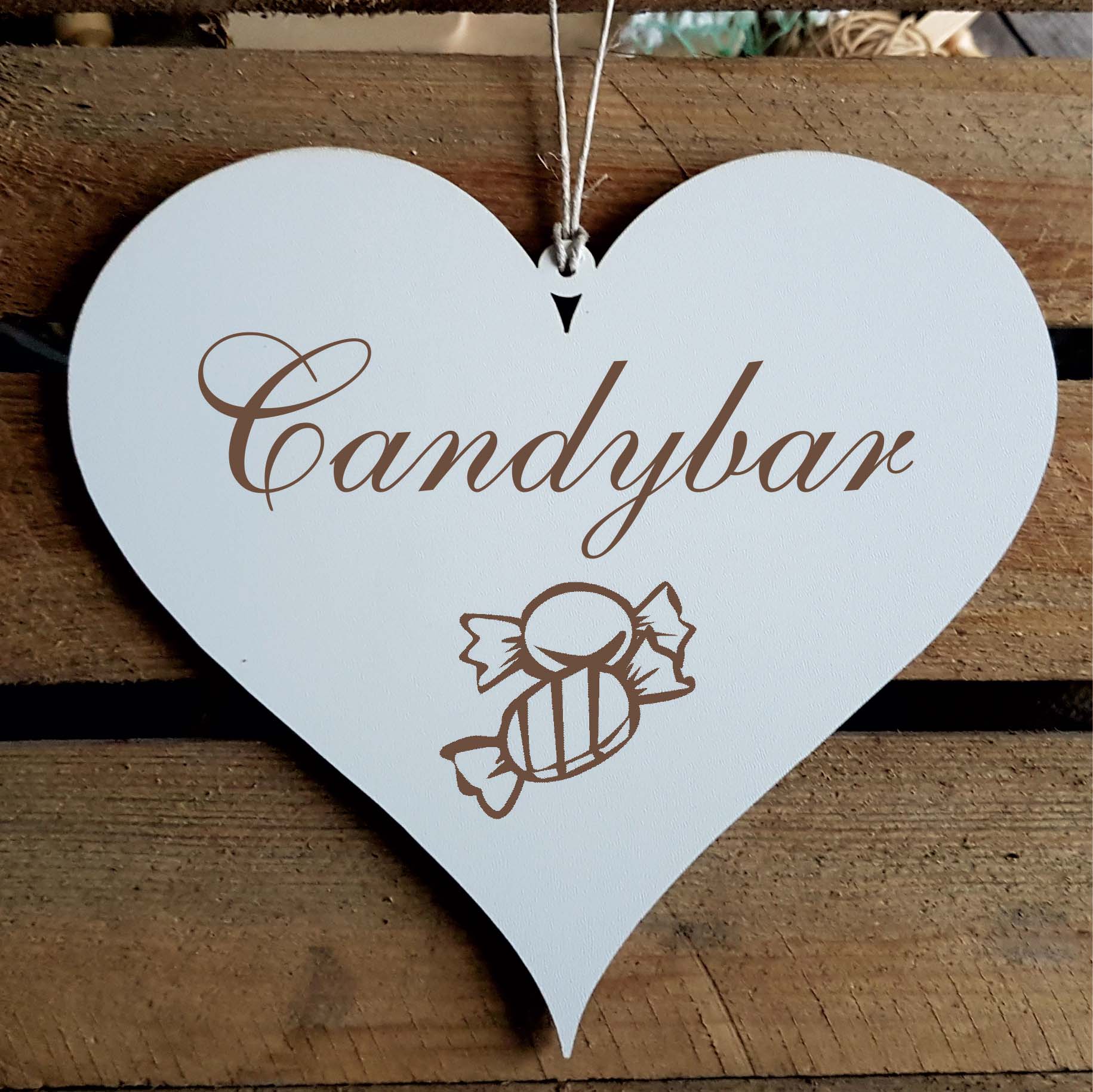 Shabby Herz Schild « CANDYBAR » mit Motiv Bonbons