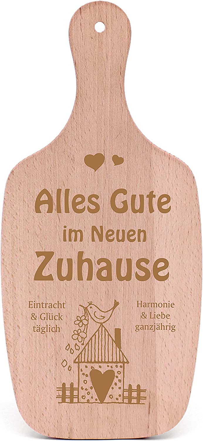 Alles Gute im neuen Zuhause - Holzbrett Schneidebrett graviert Geschenk zum Einzug 34 x 15 cm