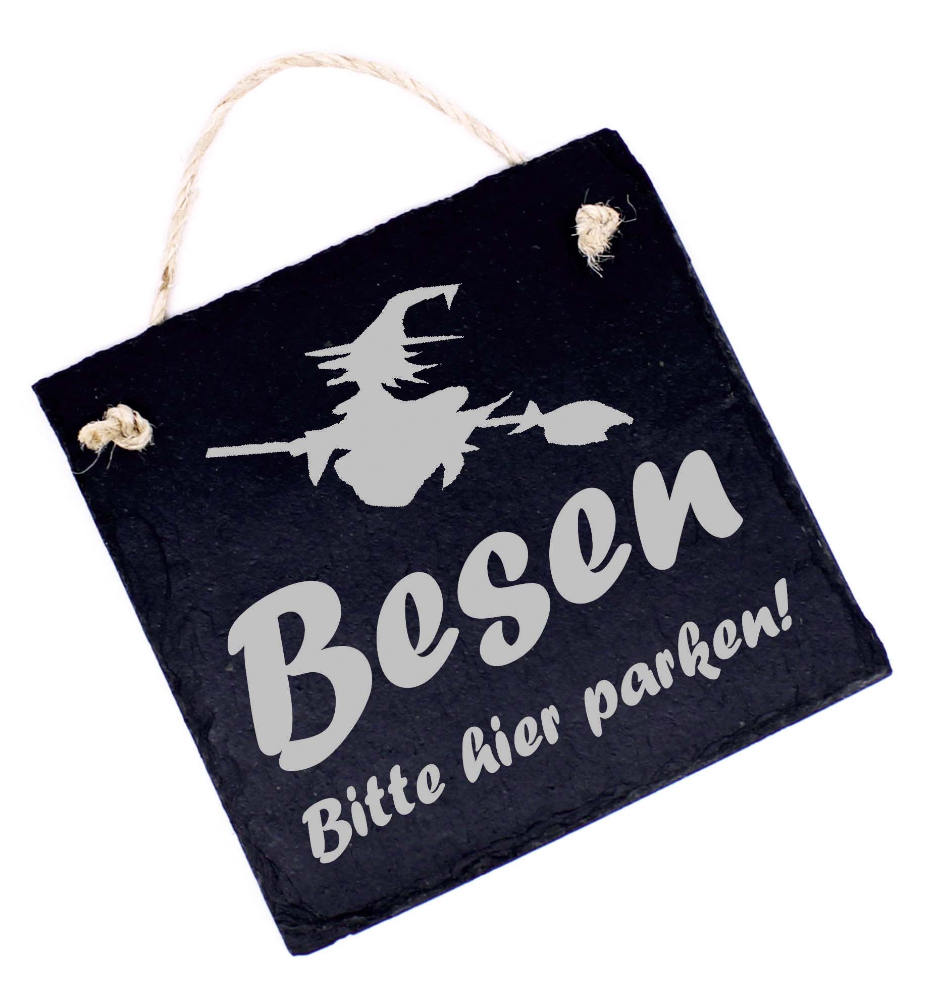 Schild Hexe - Besen, Bitte hier parken! - Halloween Hexenbesen Türschild aus Schiefer 11 x 11 cm