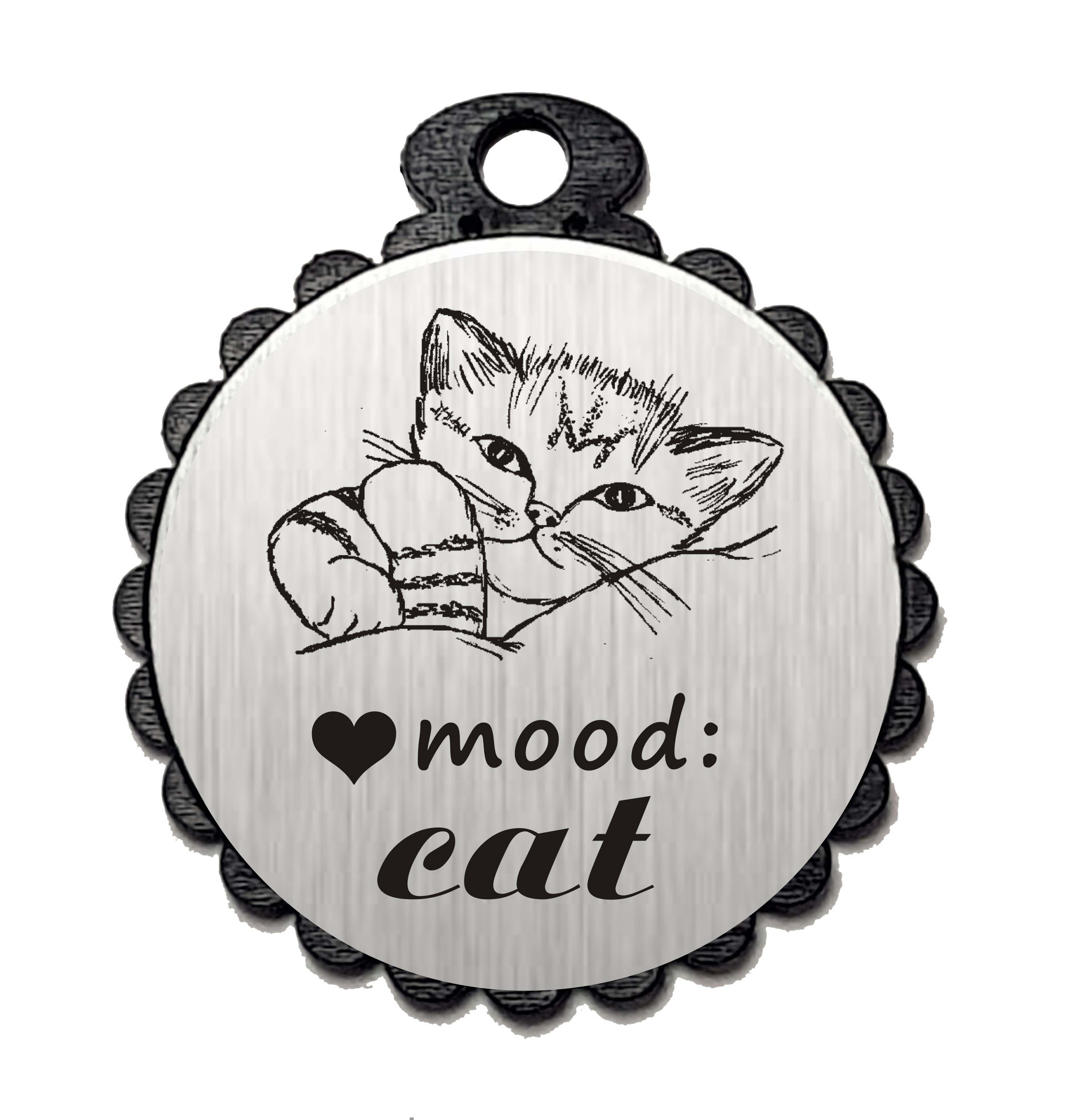 Runder Anhänger « MOOD: CAT » mit Motiv Herz KATZE - Aluminium Look - silber