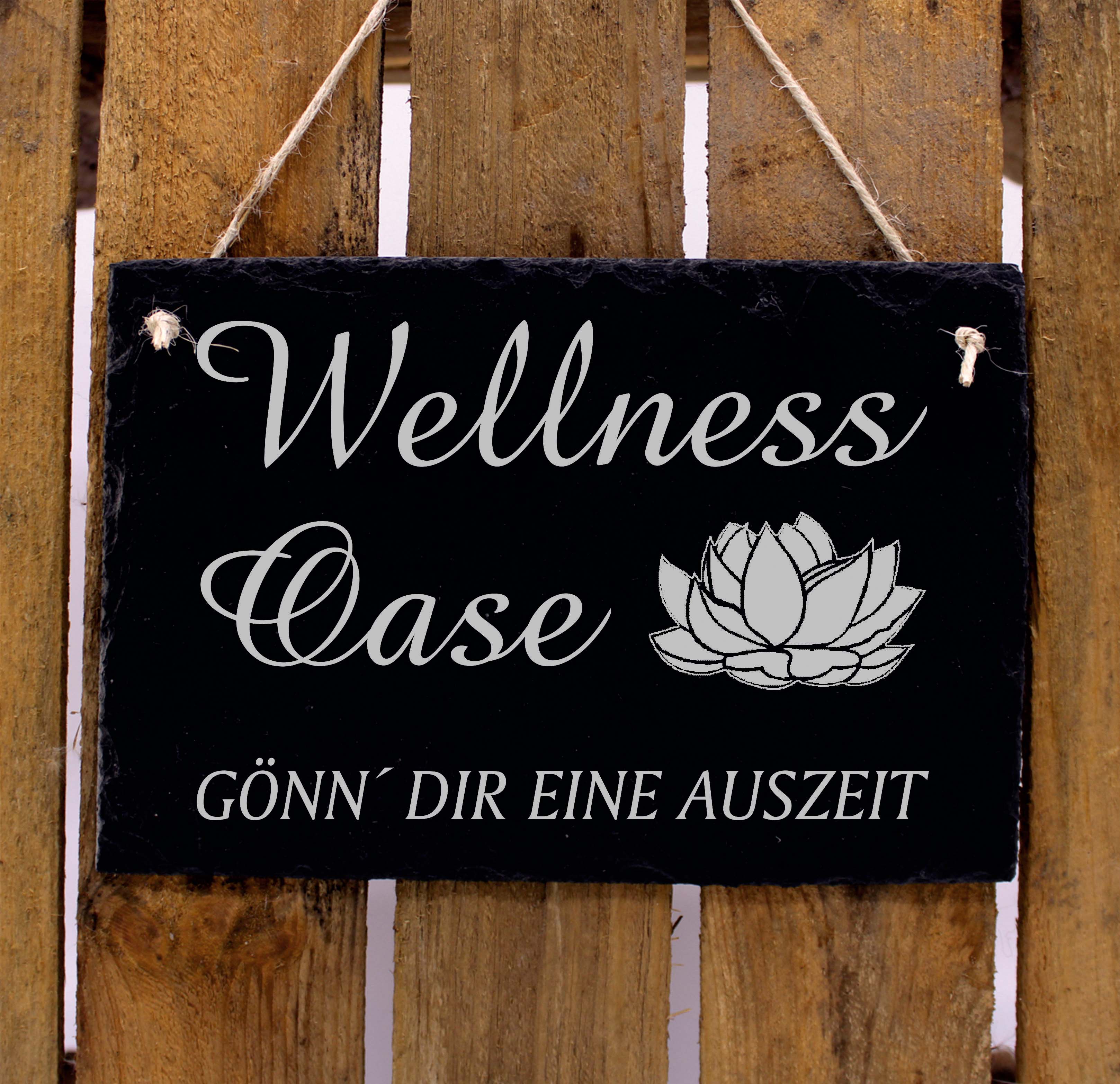 Wellness Oase Schild aus Schiefer Schiefertafel graviert - Gönn Dir eine Auszeit Türschild 22x16cm