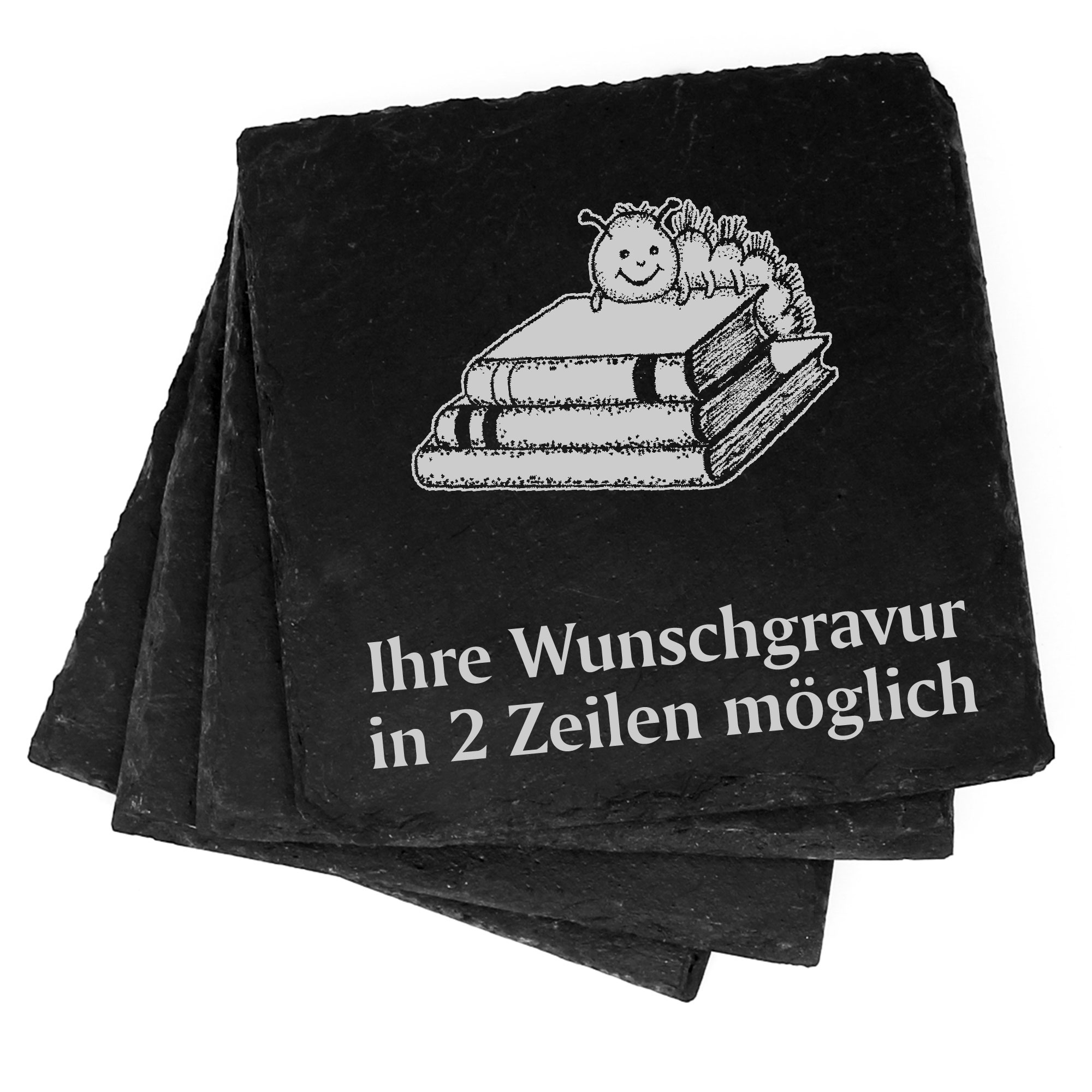 4x Bücherraupe Deko Schiefer Untersetzer Wunschgravur Set - 11 x 11 cm