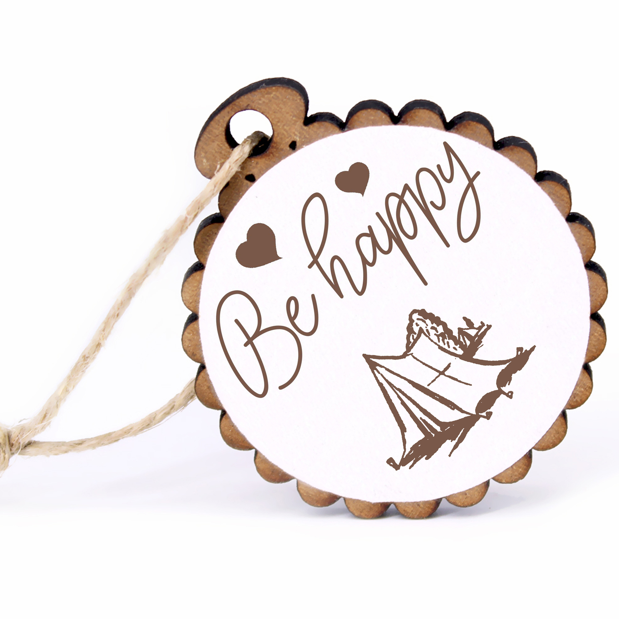 Geschenkanhänger - Be Happy Campingzelt -  Holz Ø-5cm - mit Juteband