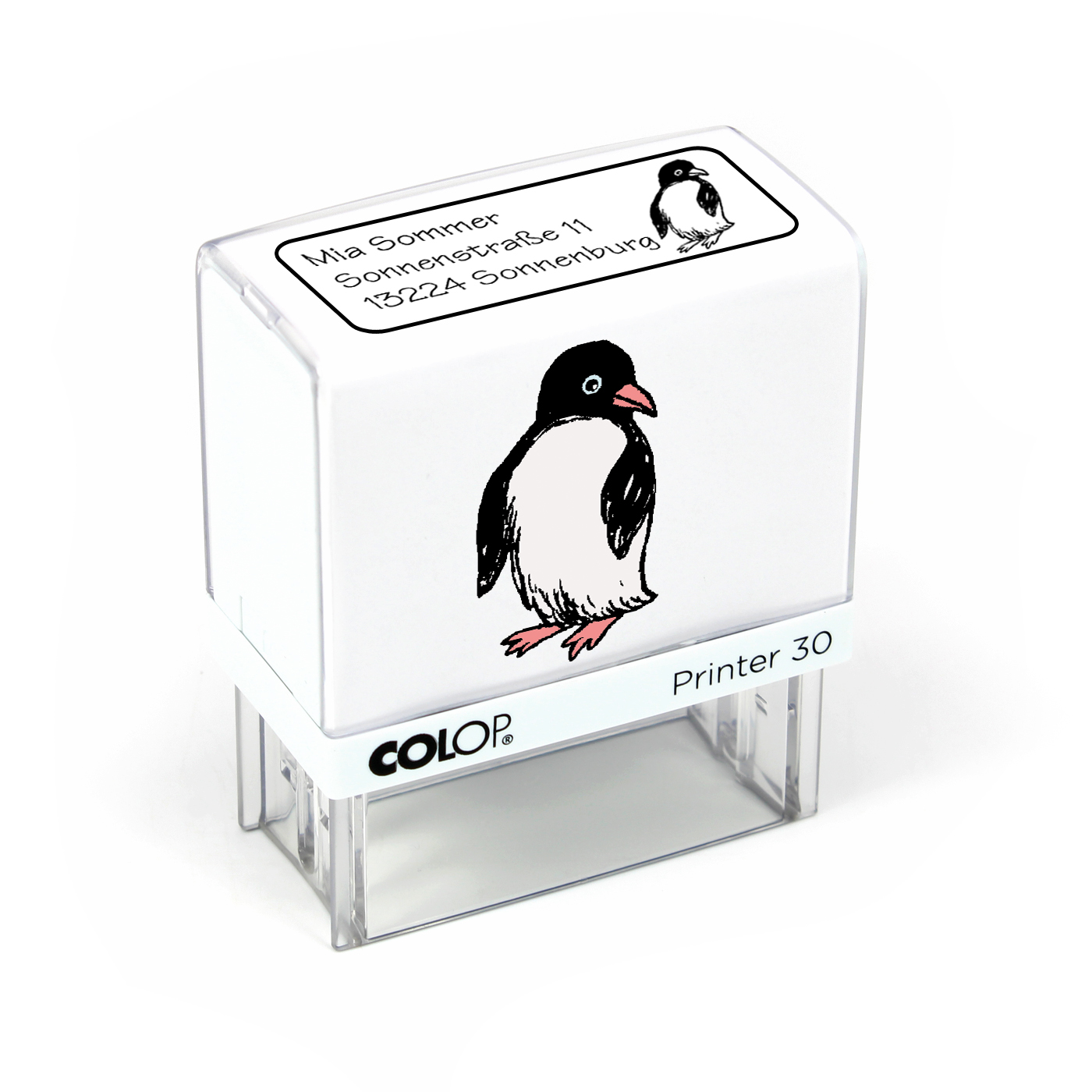 Kinderstempel Pinguin - Automatikstempel mit Namen, Adresse und Motiv 47 x 18 mm