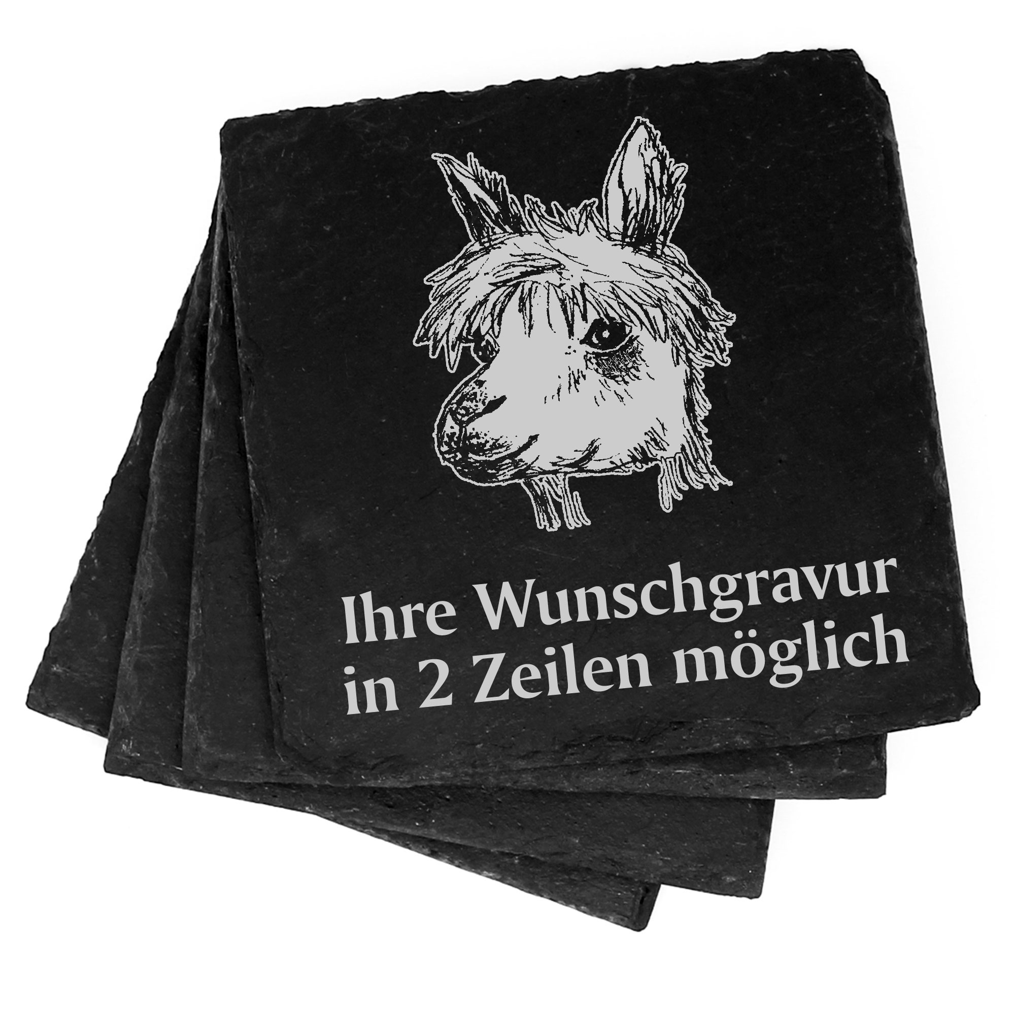 4x Alpaka Kopf Lama Deko Schiefer Untersetzer Wunschgravur Set - 11 x 11 cm