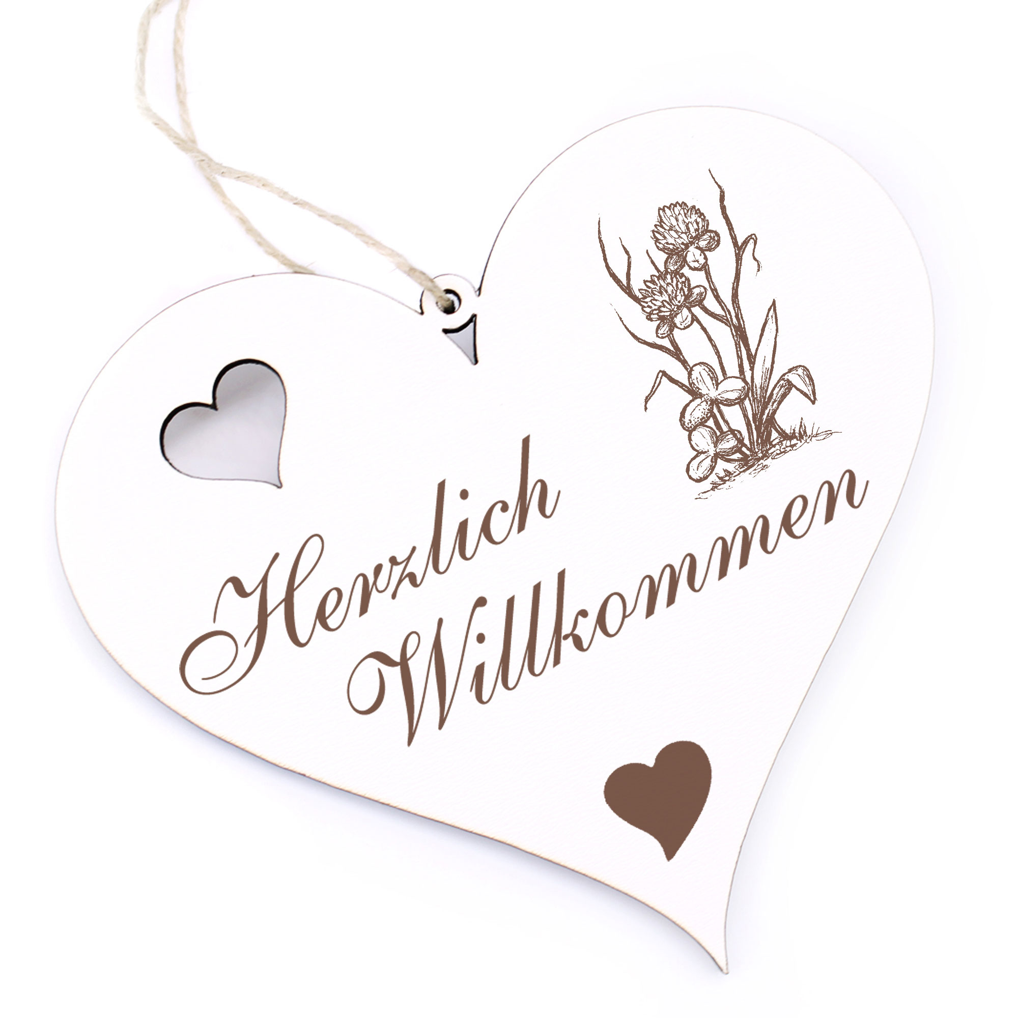 Herzlich Willkommen Schild - Kleeblume - Deko Herz Holz