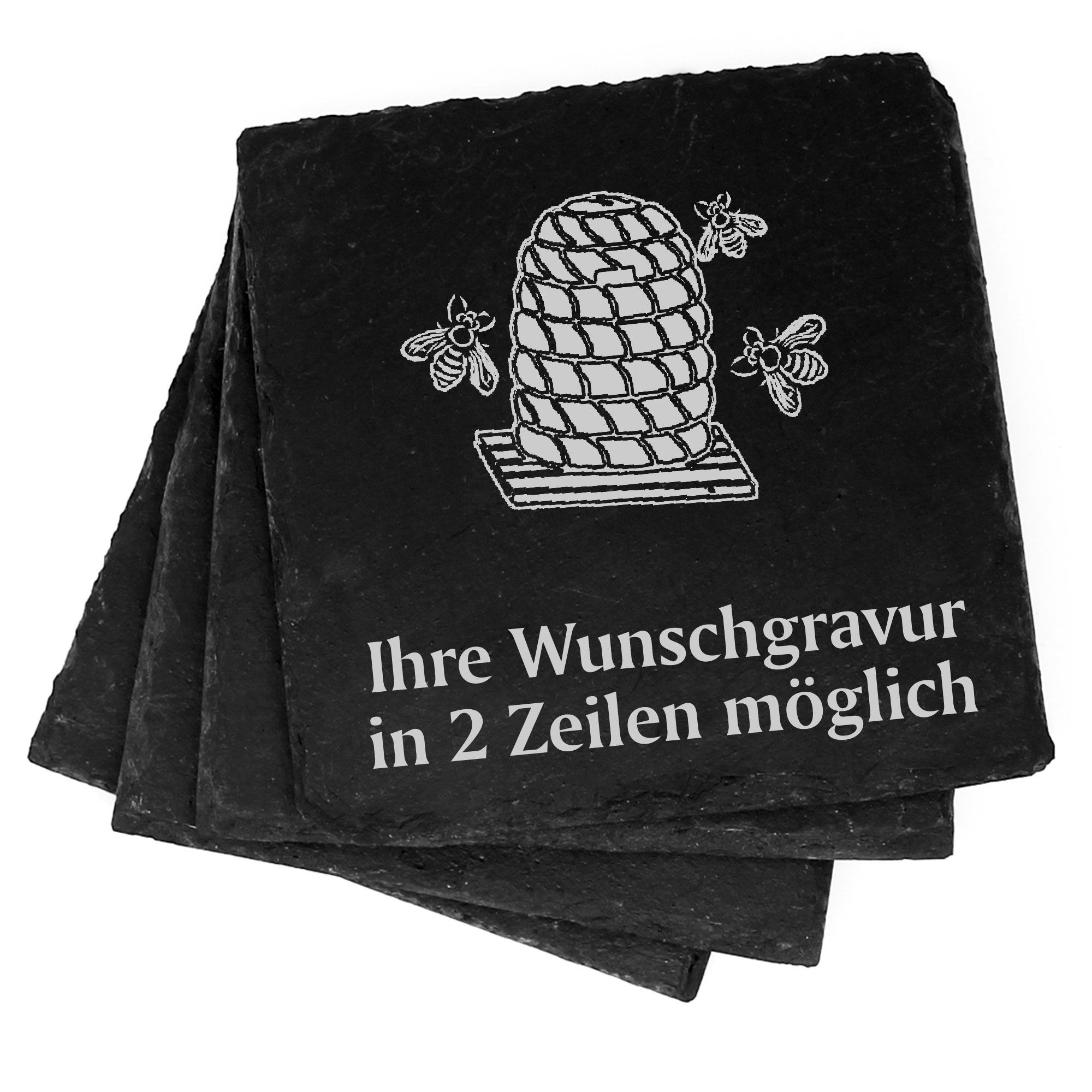 4x Bienenstock mit Bienen Deko Schiefer Untersetzer Wunschgravur Set - 11 x 11 cm