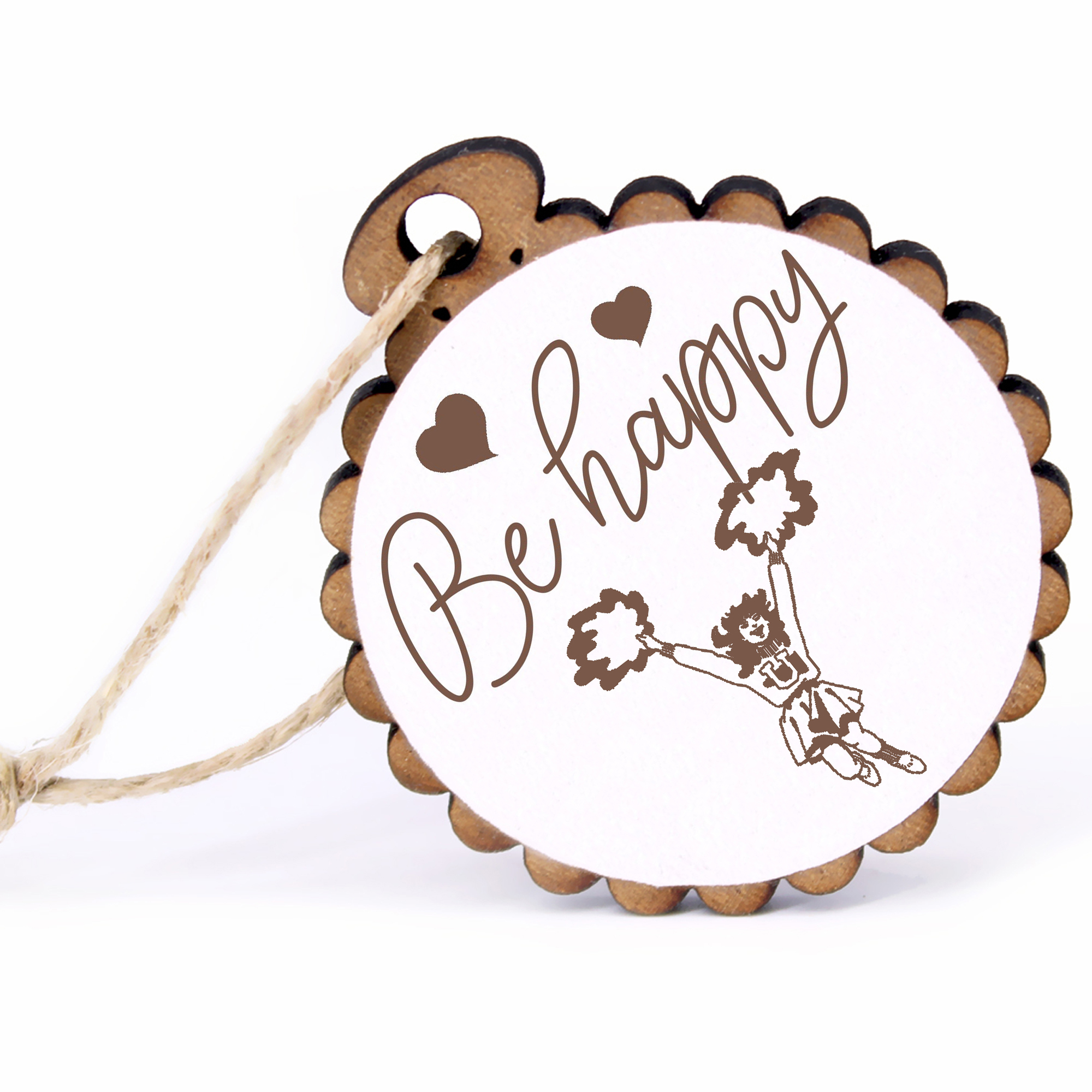 Geschenkanhänger - Be Happy Cheerleader -  Holz Ø-5cm - mit Juteband