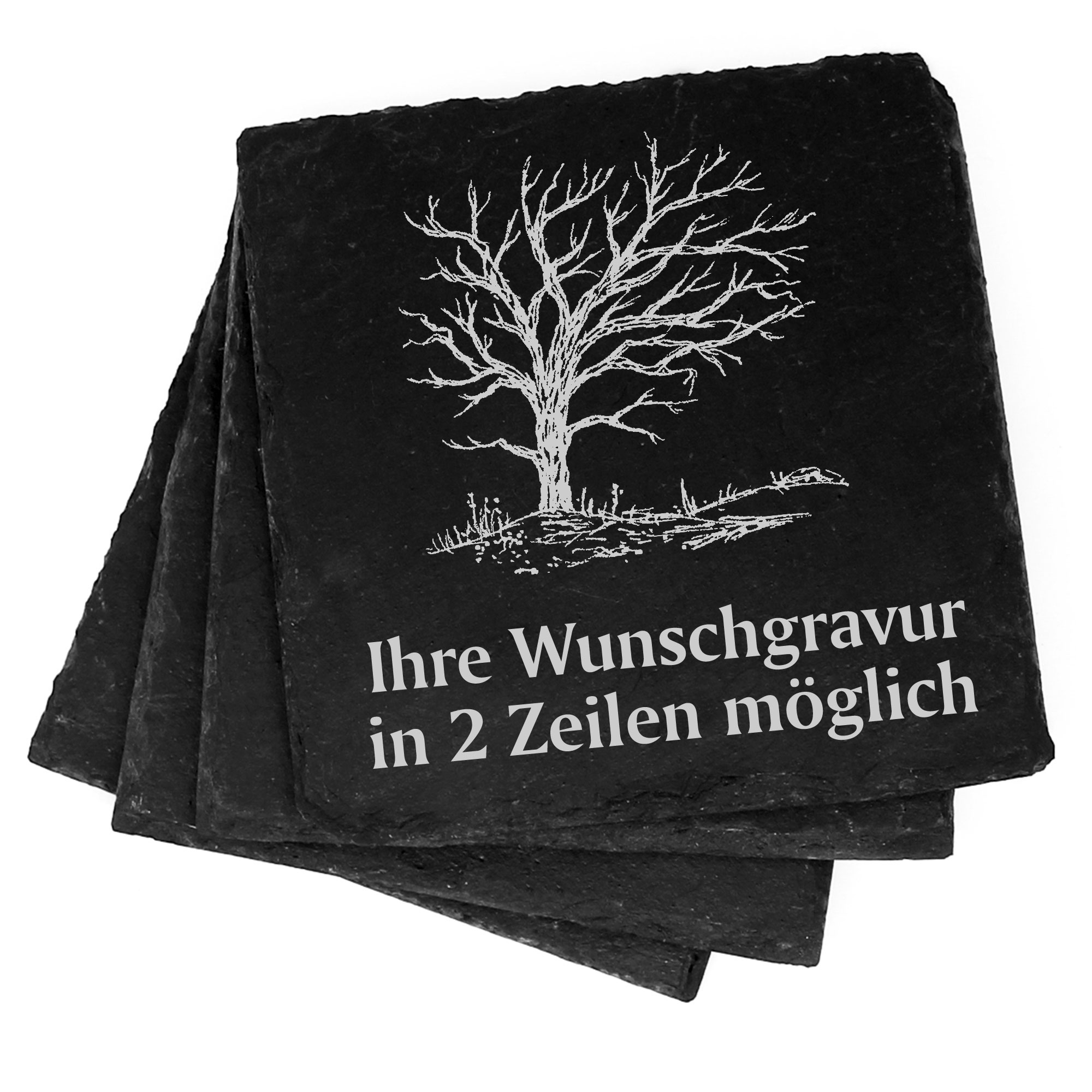 4x Baum ohne Blätter Deko Schiefer Untersetzer Wunschgravur Set - 11 x 11 cm