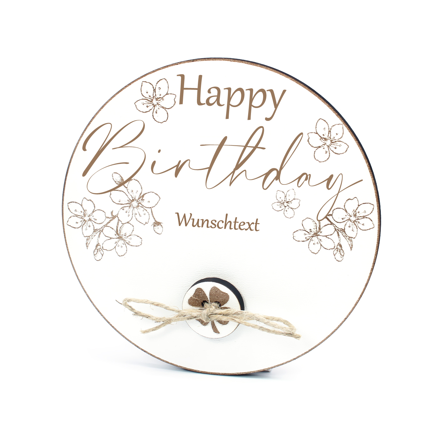 Geldgeschenk mit Gravur Happy Birthday inkl. Wunschtext - Blüten Motiv Ø 13 cm