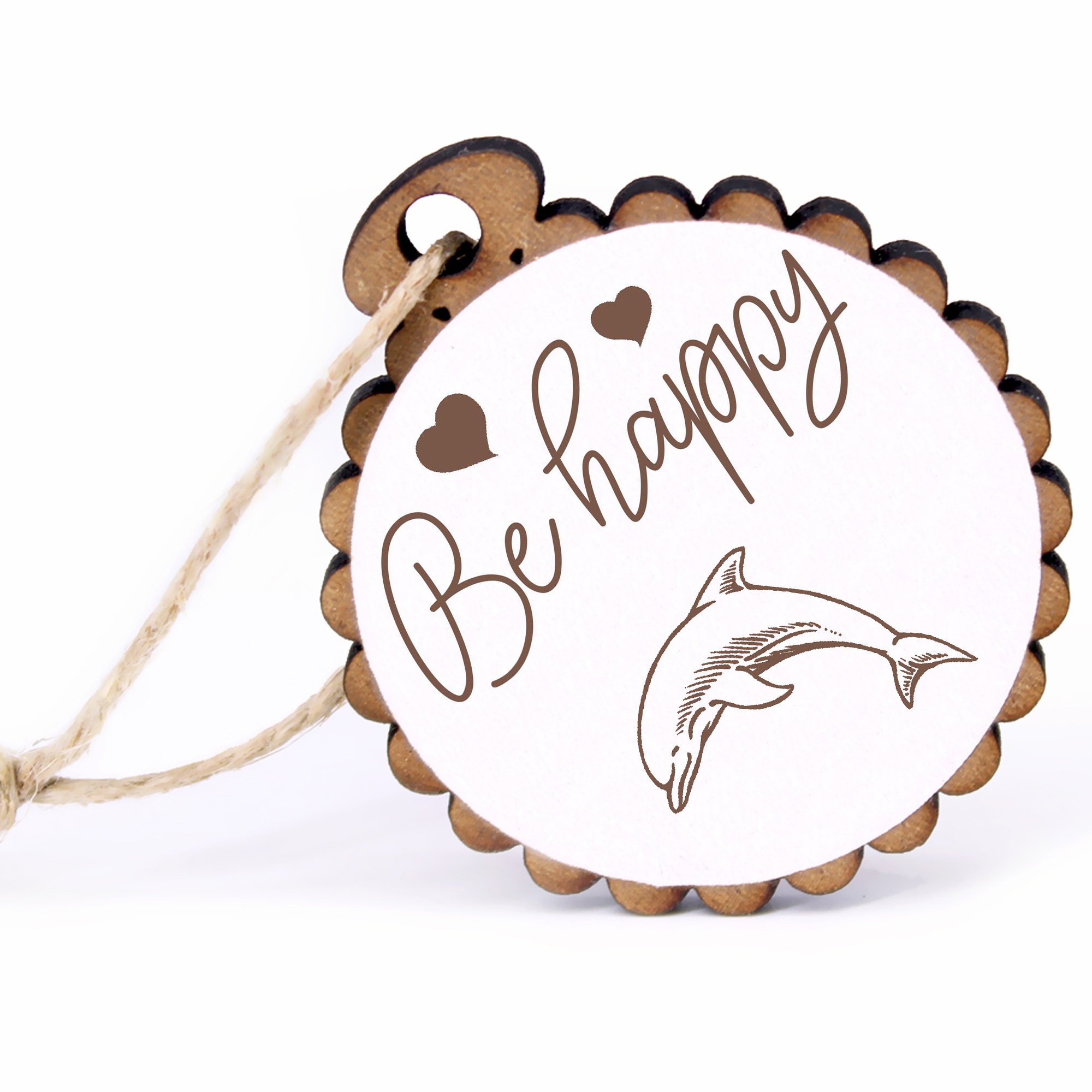 Geschenkanhänger - Be Happy Delfin -  Holz Ø-5cm - mit Juteband