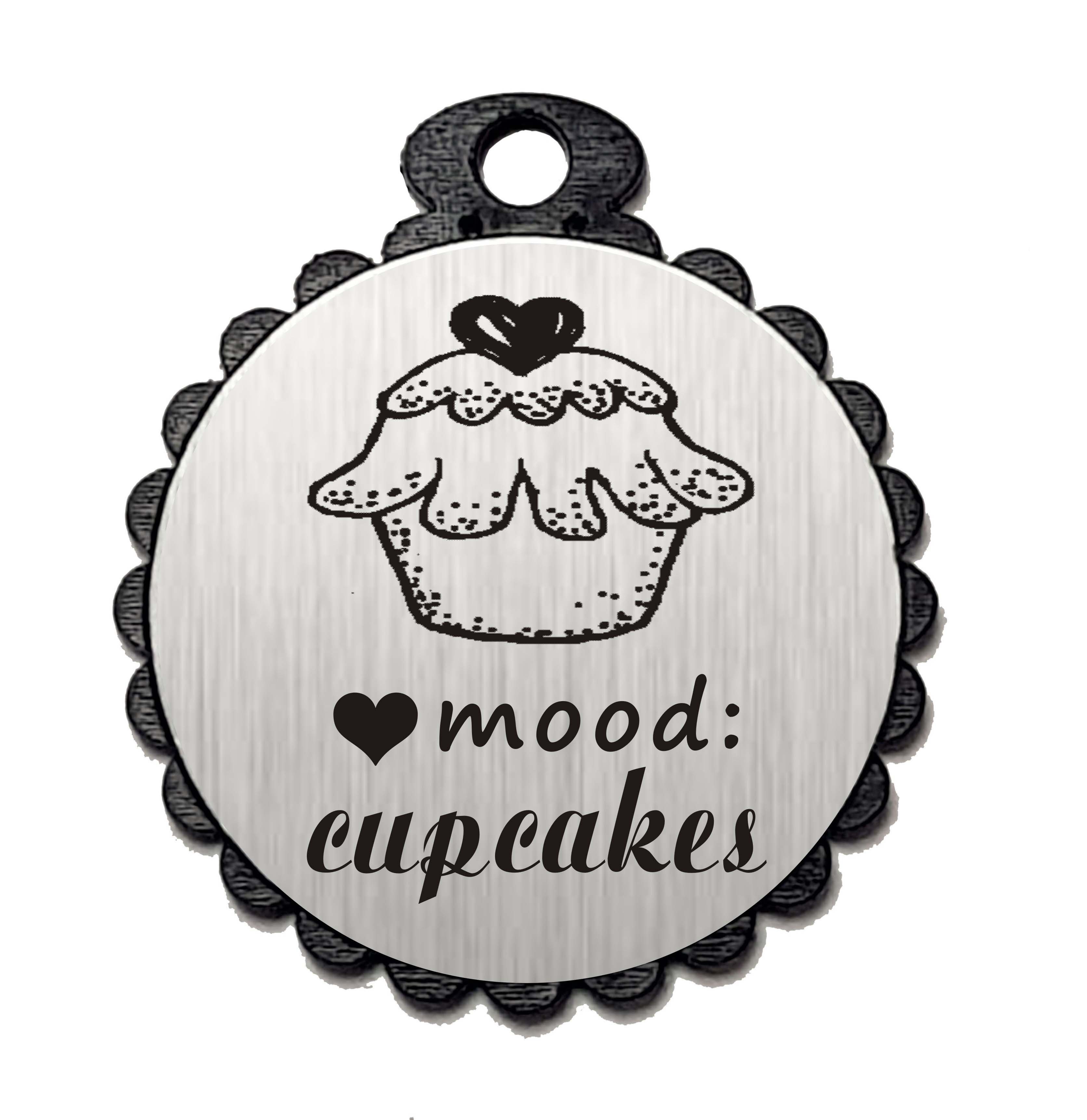 Runder Anhänger « MOOD: CUPCAKES » mit Motiv Herz CUPCAKE - Aluminium Look - silber