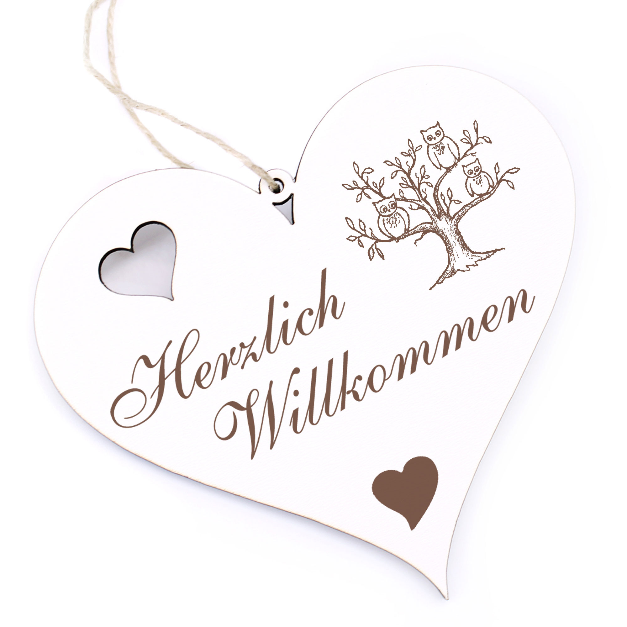 Herzlich Willkommen Schild - Baum mit Eulen - Deko Herz Holz