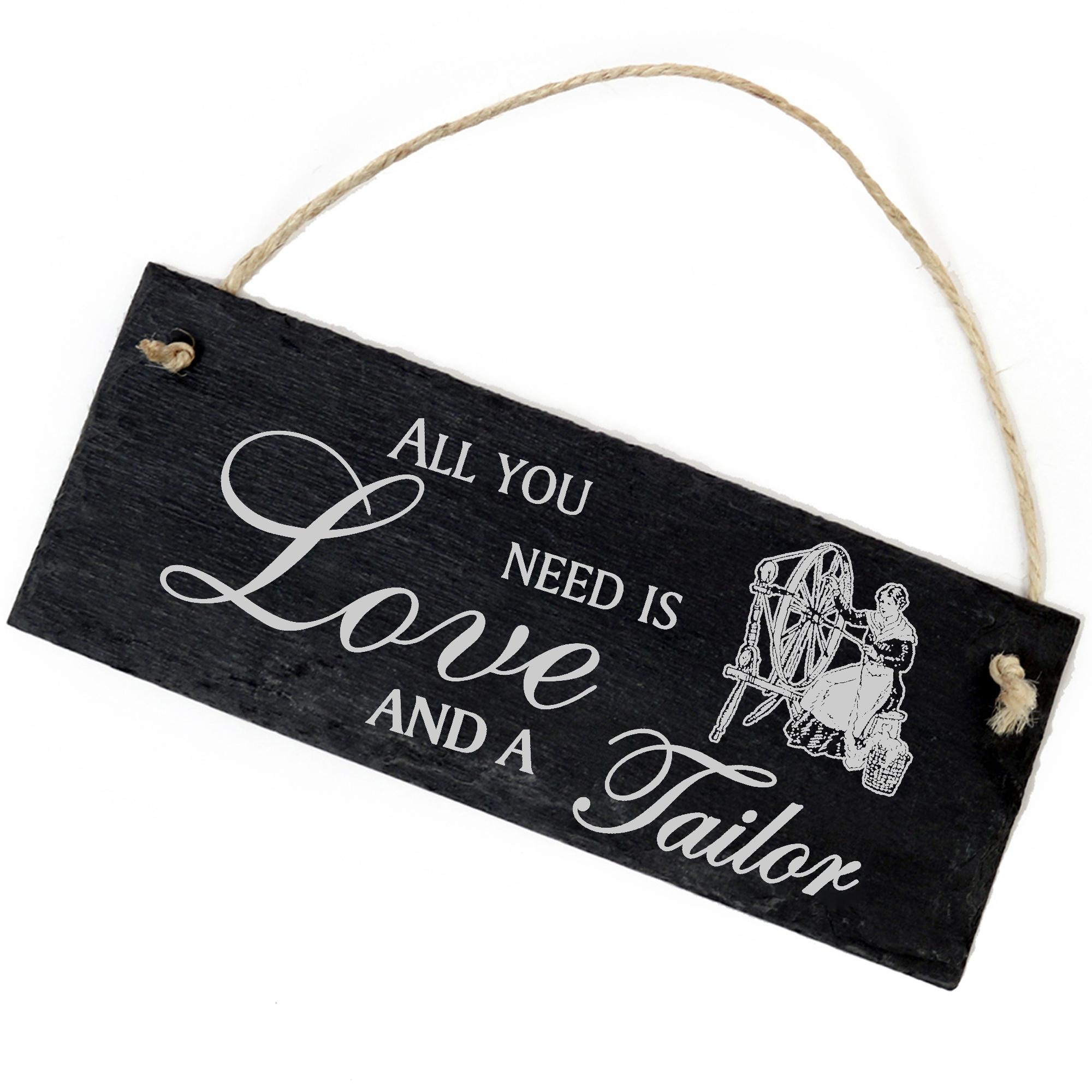 Schiefertafel Deko Schneiderin am Spinnrad Schild 22 x 8 cm - All you need is Love and a Tailor