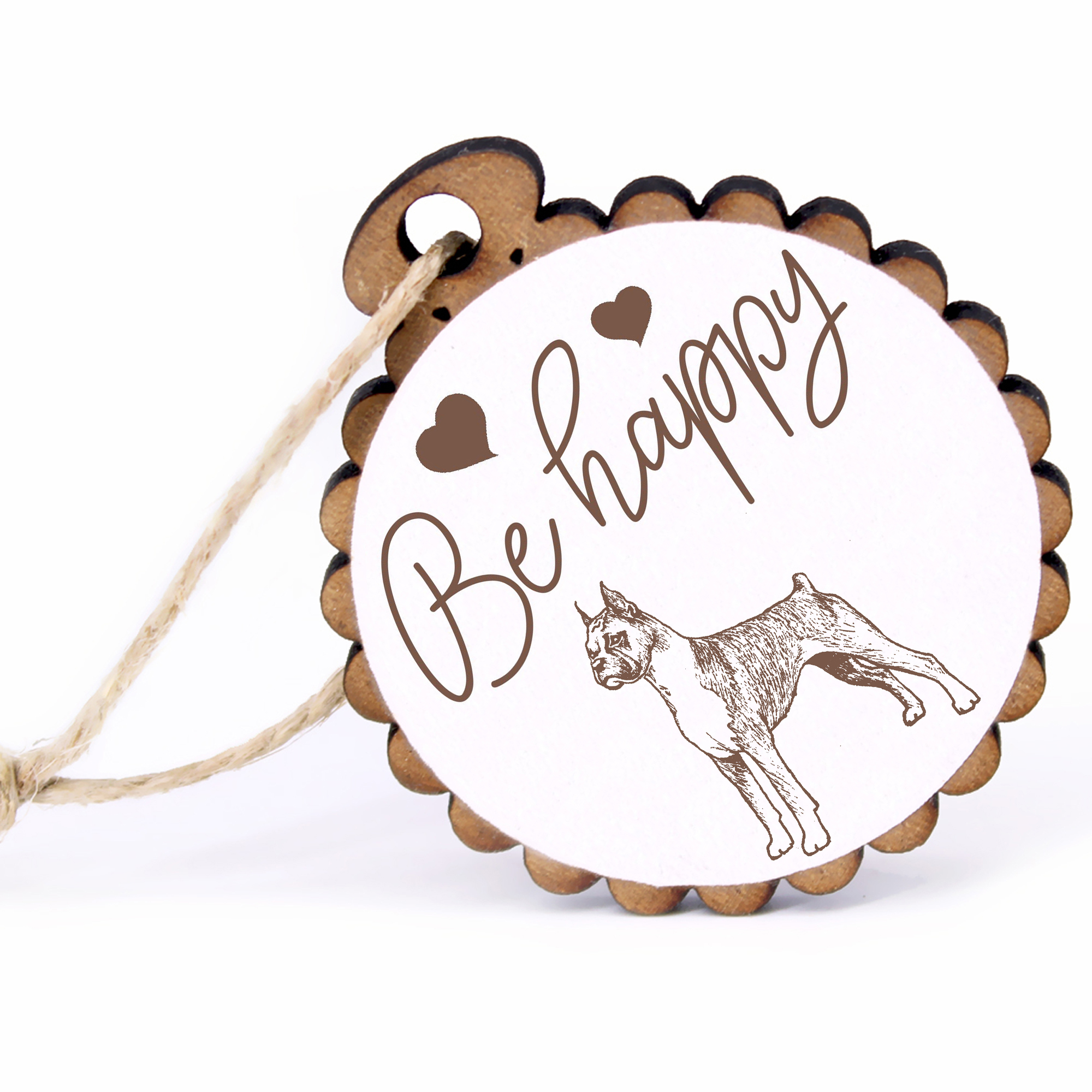 Geschenkanhänger - Be Happy deutscher Boxer -  Holz Ø-5cm - mit Juteband