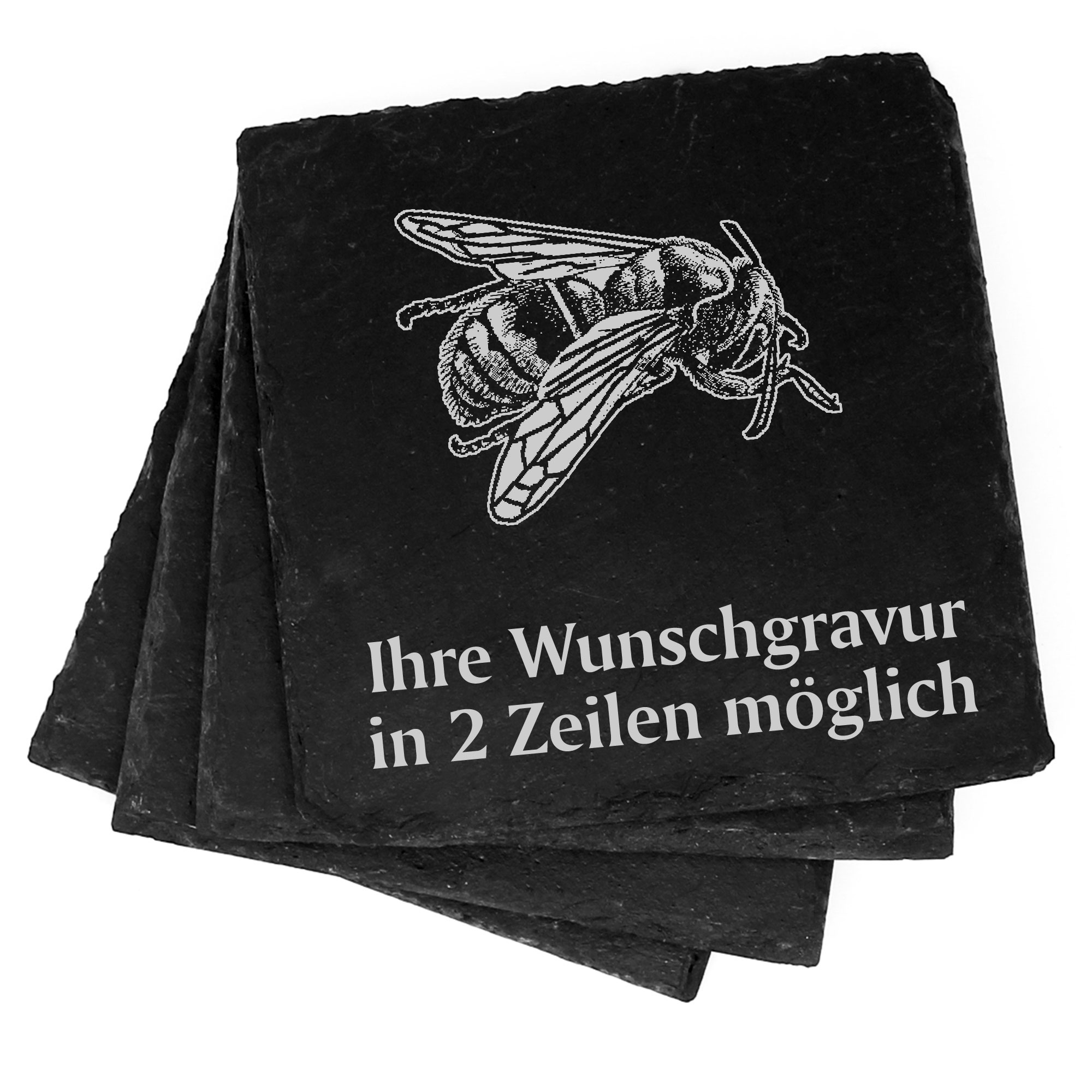 4x Biene Sitzend Deko Schiefer Untersetzer Wunschgravur Set - 11 x 11 cm