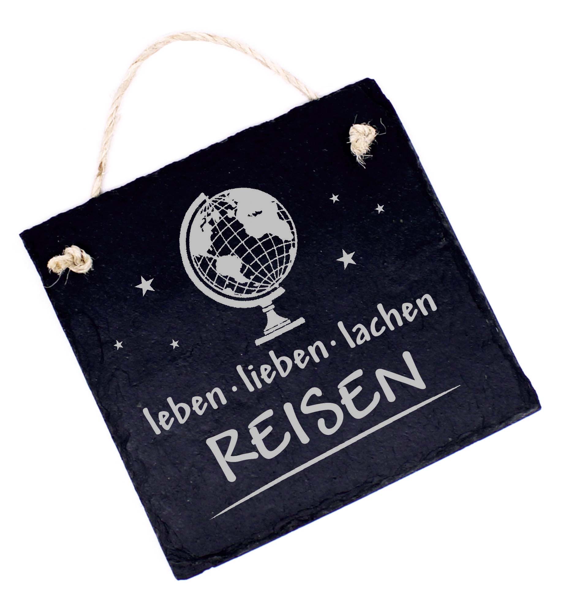 Reisen Schild Schiefer Türschild Gravur - Leben Lieben Lachen - Dekoschild Reise Globus 11 x 11 cm