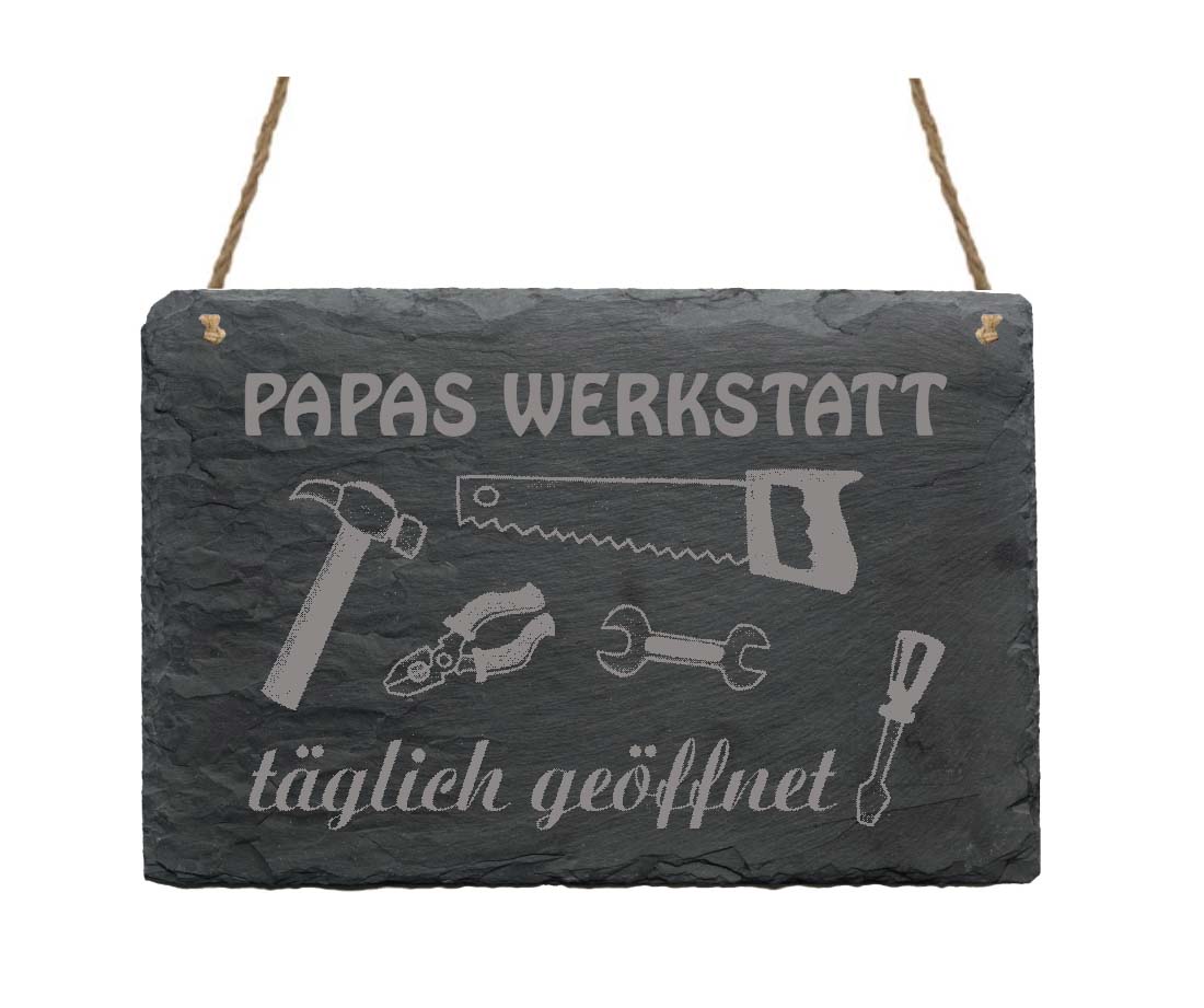 Schiefertafel « Papas Werkstatt » mit Motiv Werkzeug Säge