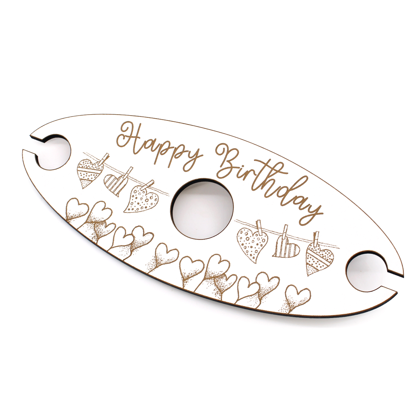 Ovaler Weinglashalter Happy Birthday mit Herz Motiv - Weinbutler für 2 Weingläser 27x11 cm