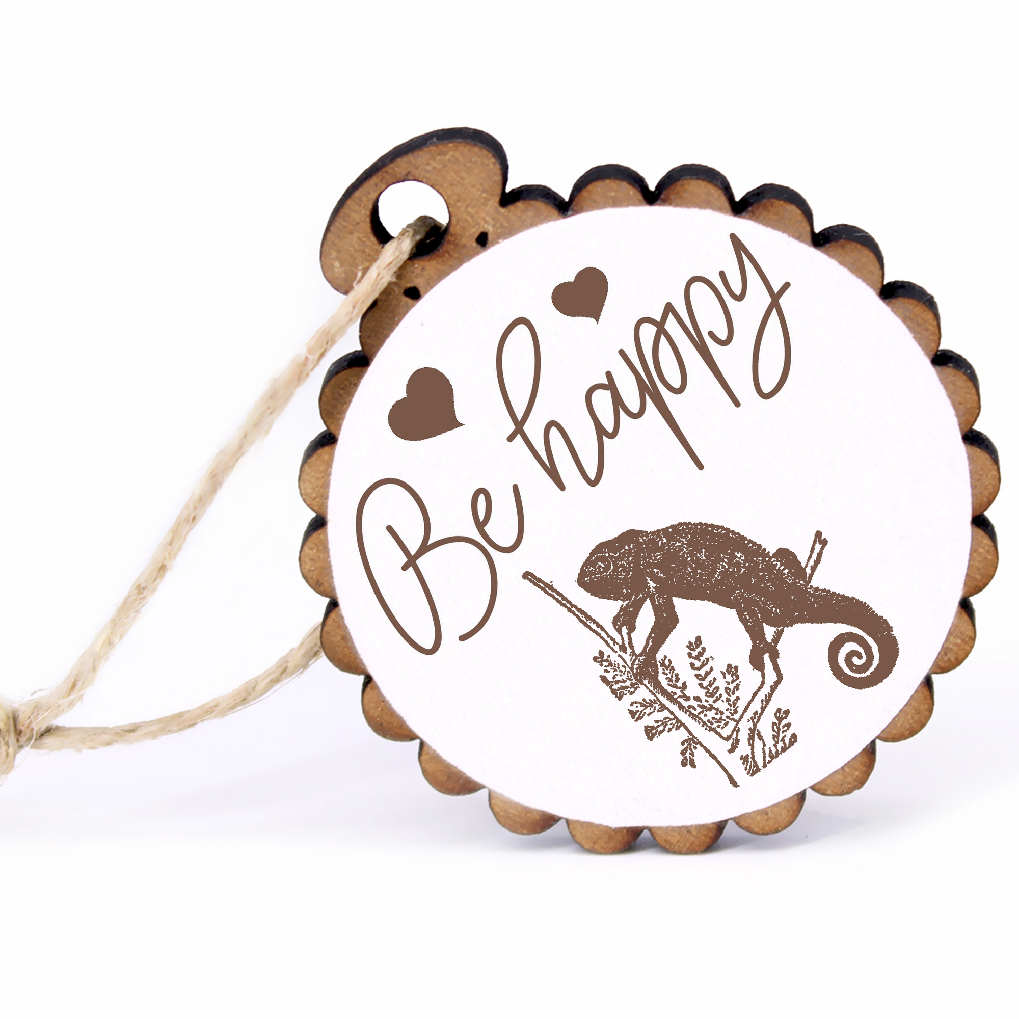 Geschenkanhänger - Be Happy Chamäleon -  Holz Ø-5cm - mit Juteband