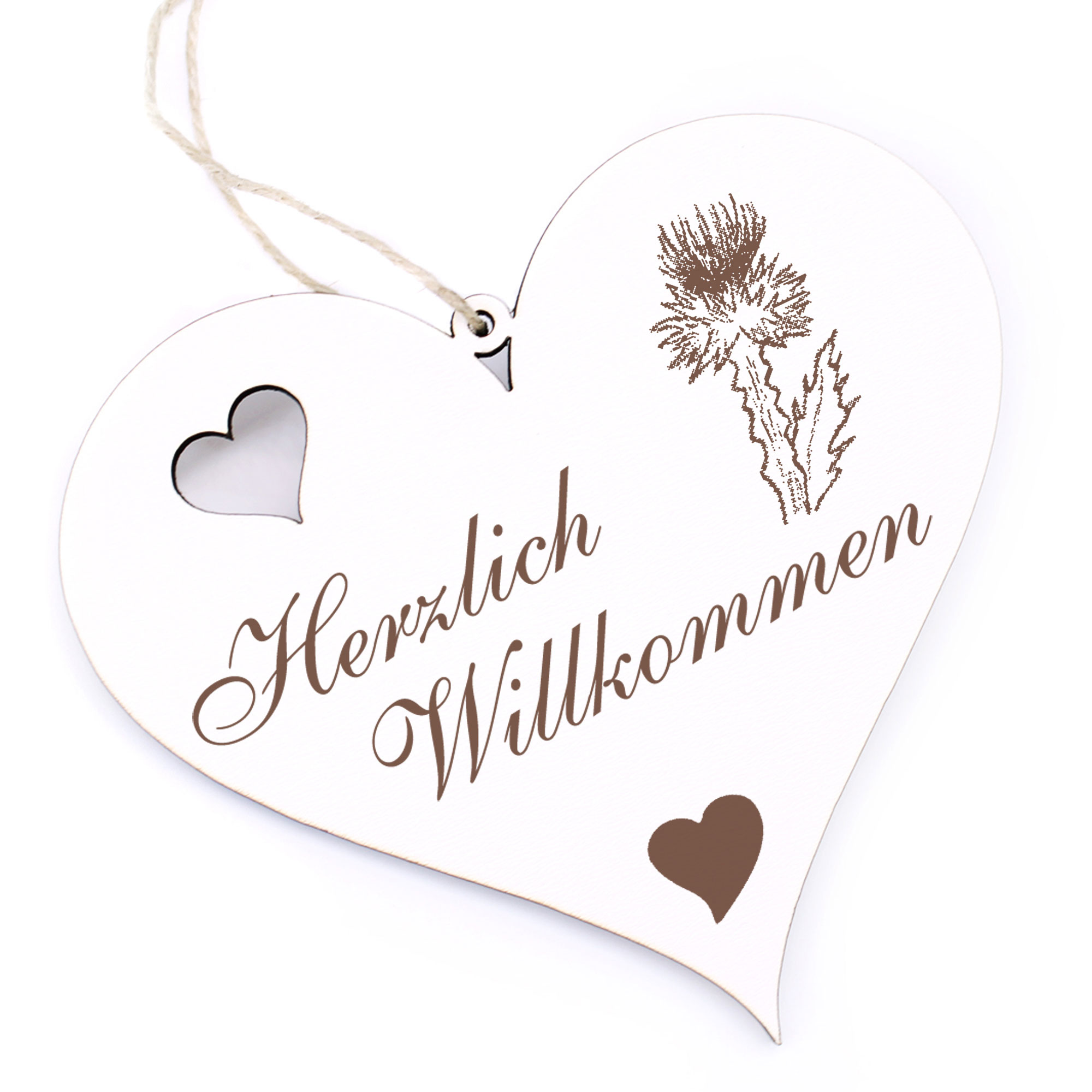 Herzlich Willkommen Schild - Eseldistel - Deko Herz Holz