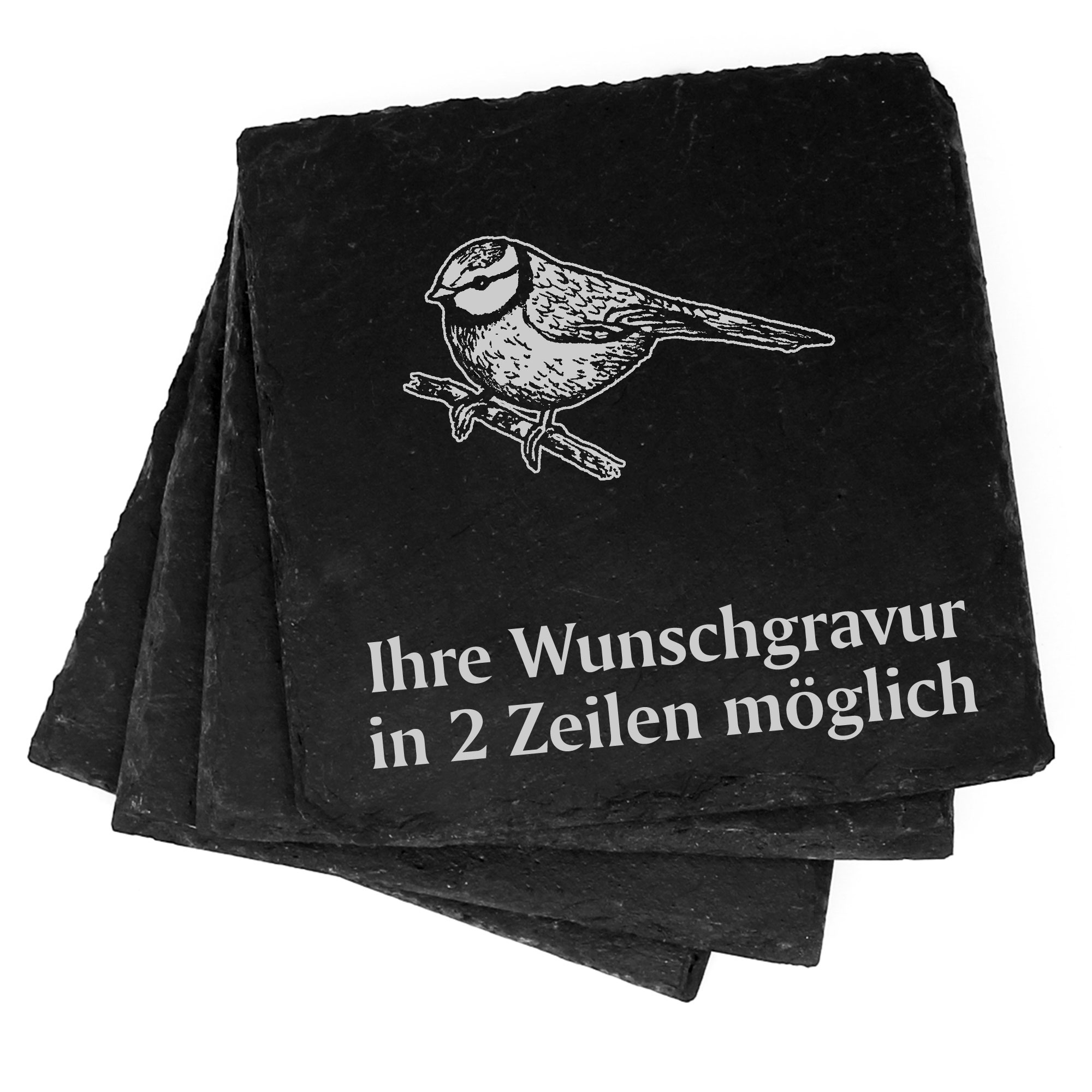 4x Blaumeise Deko Schiefer Untersetzer Wunschgravur Set - 11 x 11 cm