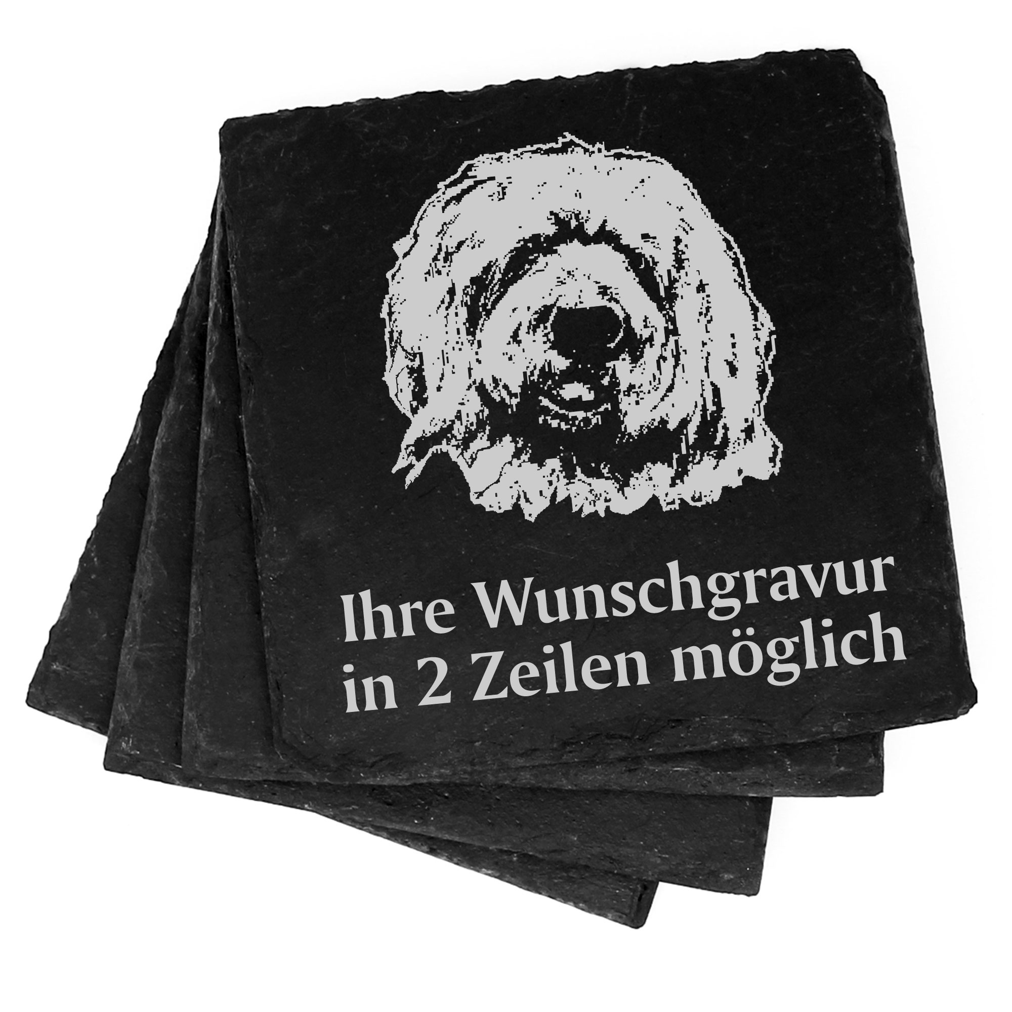 4x Bobtail Deko Schiefer Untersetzer Wunschgravur Set - 11 x 11 cm