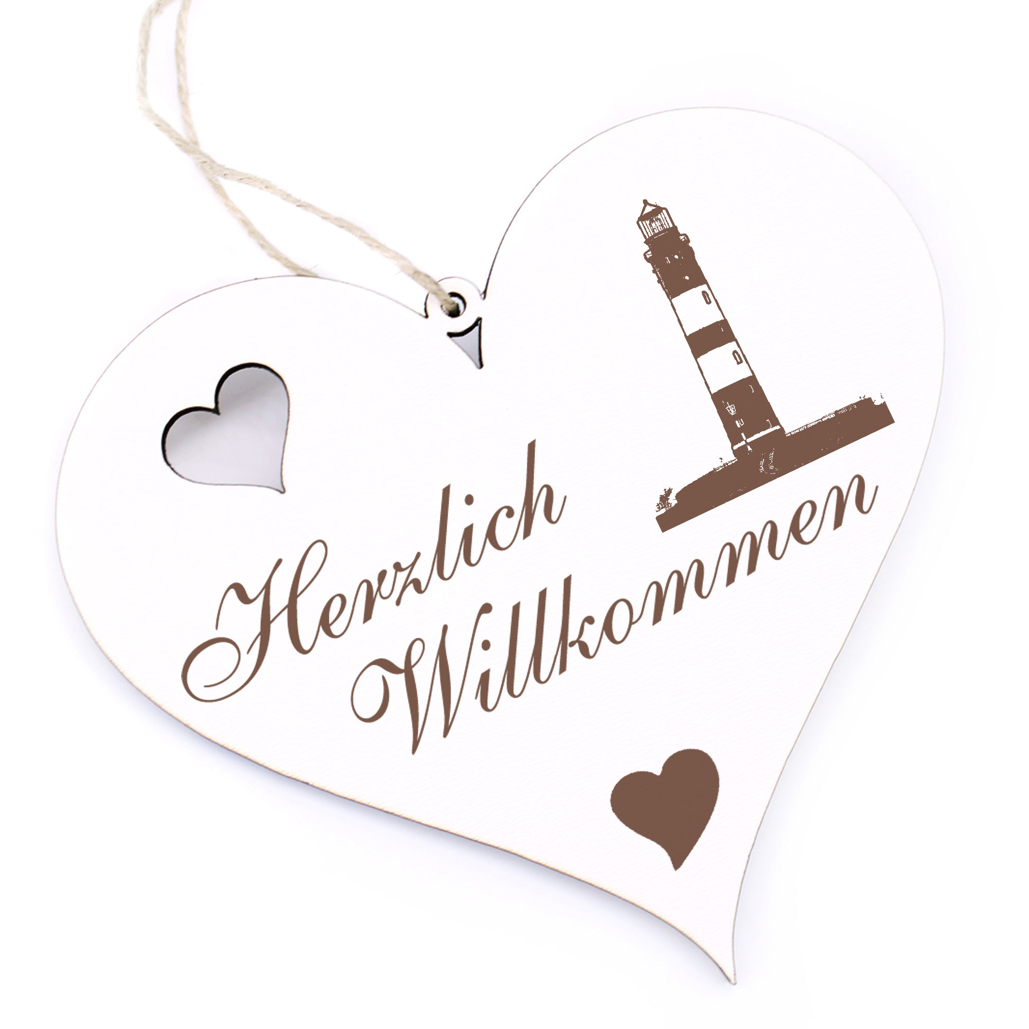 Herzlich Willkommen Schild - Insel Amrum Leuchtturm - Deko Herz Holz